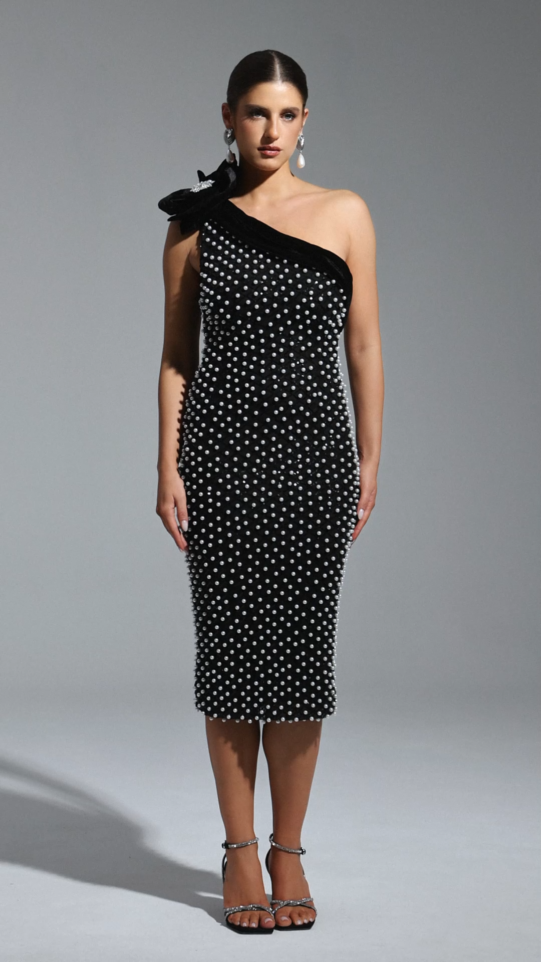 Nadia One Shoulder Diamond Pearls Midi Dress - Floral Detailing - Sparkling Accents - Form-Fitting - Luxurious Materials