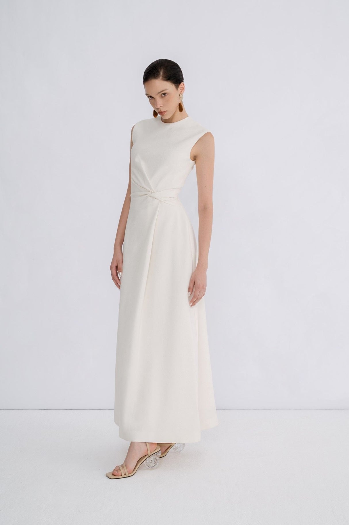 Isla A Line Jacquard Midi Dress – Puff Sleeves – Twisted Waist Detail