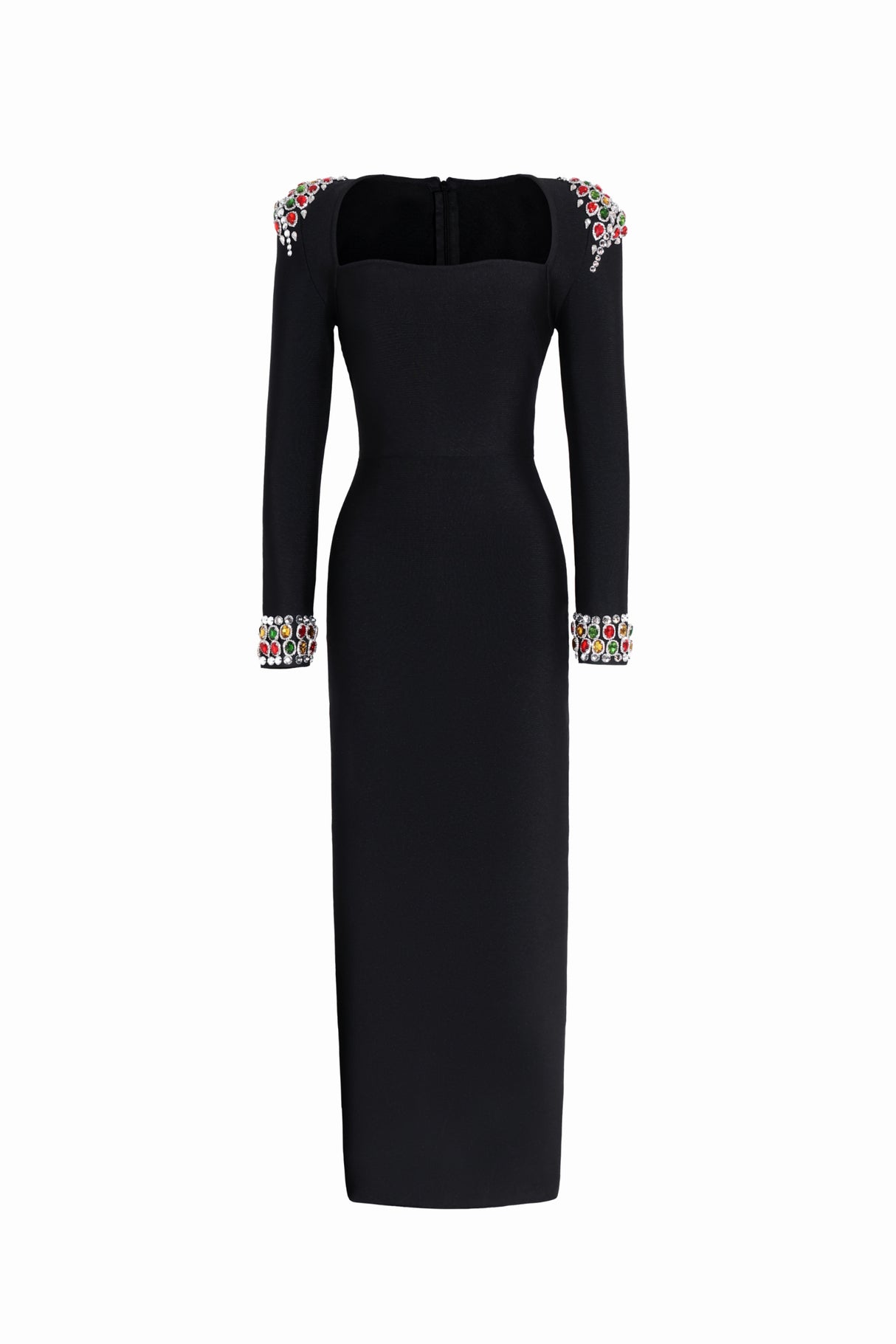 Genesis Midi Dress - Rhinestone Detailing - Squared Neckline - Body-Hugging Silhouette - Long Sleeves - High-Quality Craftsmanship