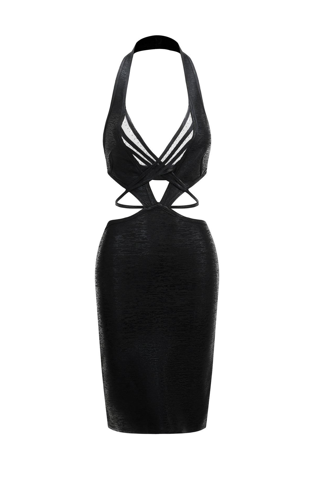Noemi Mini Dress - Halter Neckline - Crossed Bodice Detailing - Metallic Fabric - Bodycon - Unique Cutouts