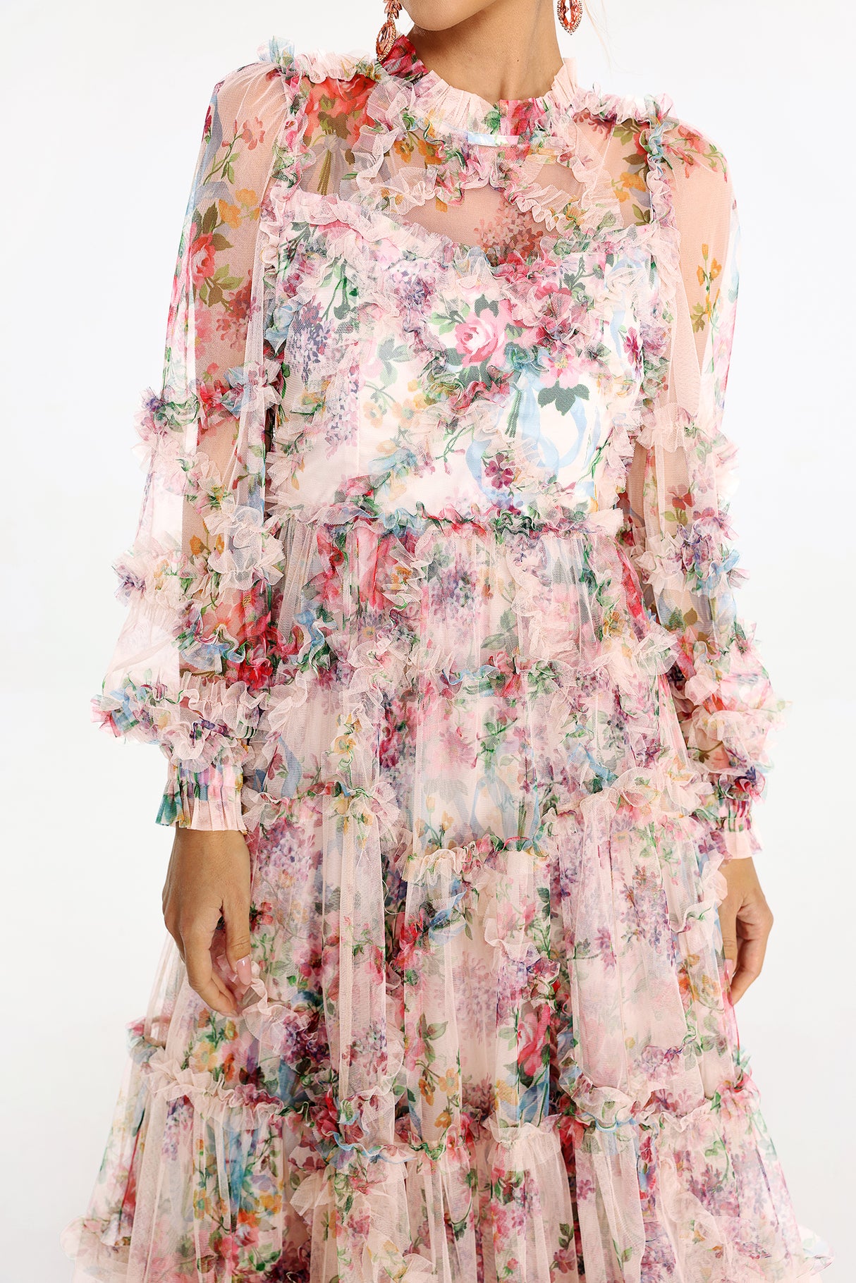 Zara Midi Dress - Floral Print - Sheer Mesh Fabric - Puffed Sleeves - Tiered Skirt - Neckline