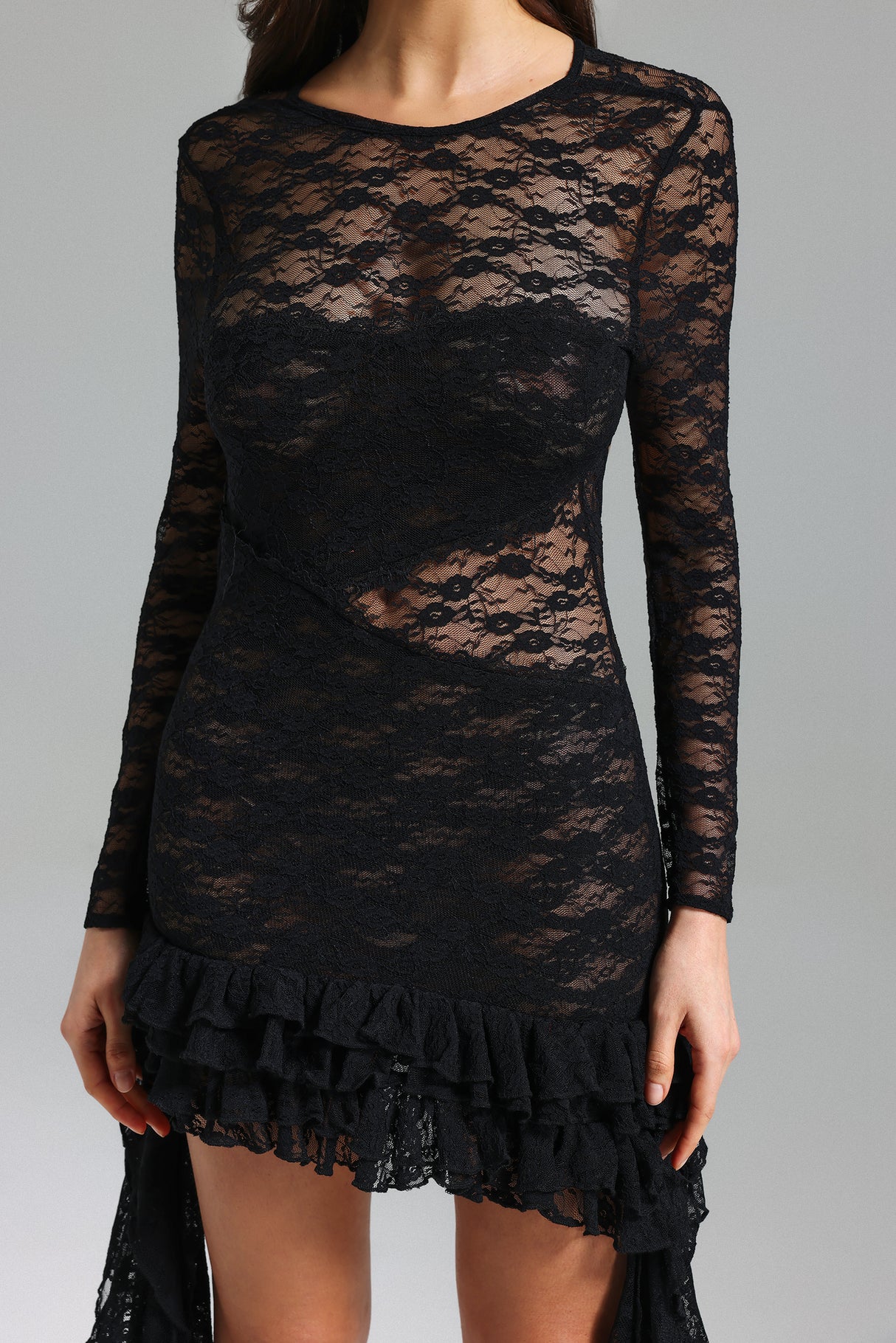 Maria Mini Dress - Asymmetrical Hem - Lace Detailing - Long Sleeves - Fitted Silhouette - Ruffle Accents