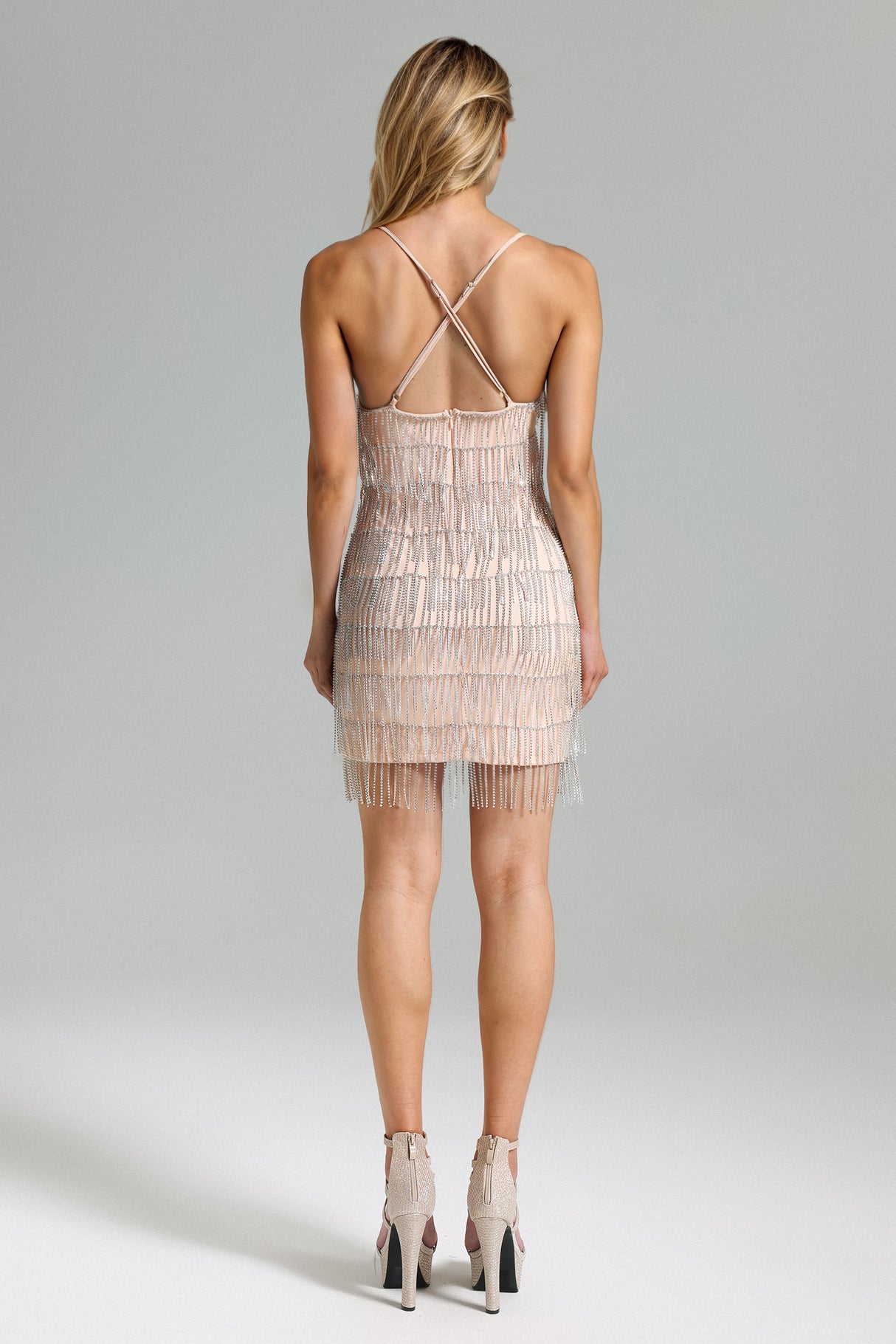 Renata Mini Dress - Deep V-Neckline - Fringe Detailing - Halter Straps - Sophisticated Yet Playful - Confidence-Boosting