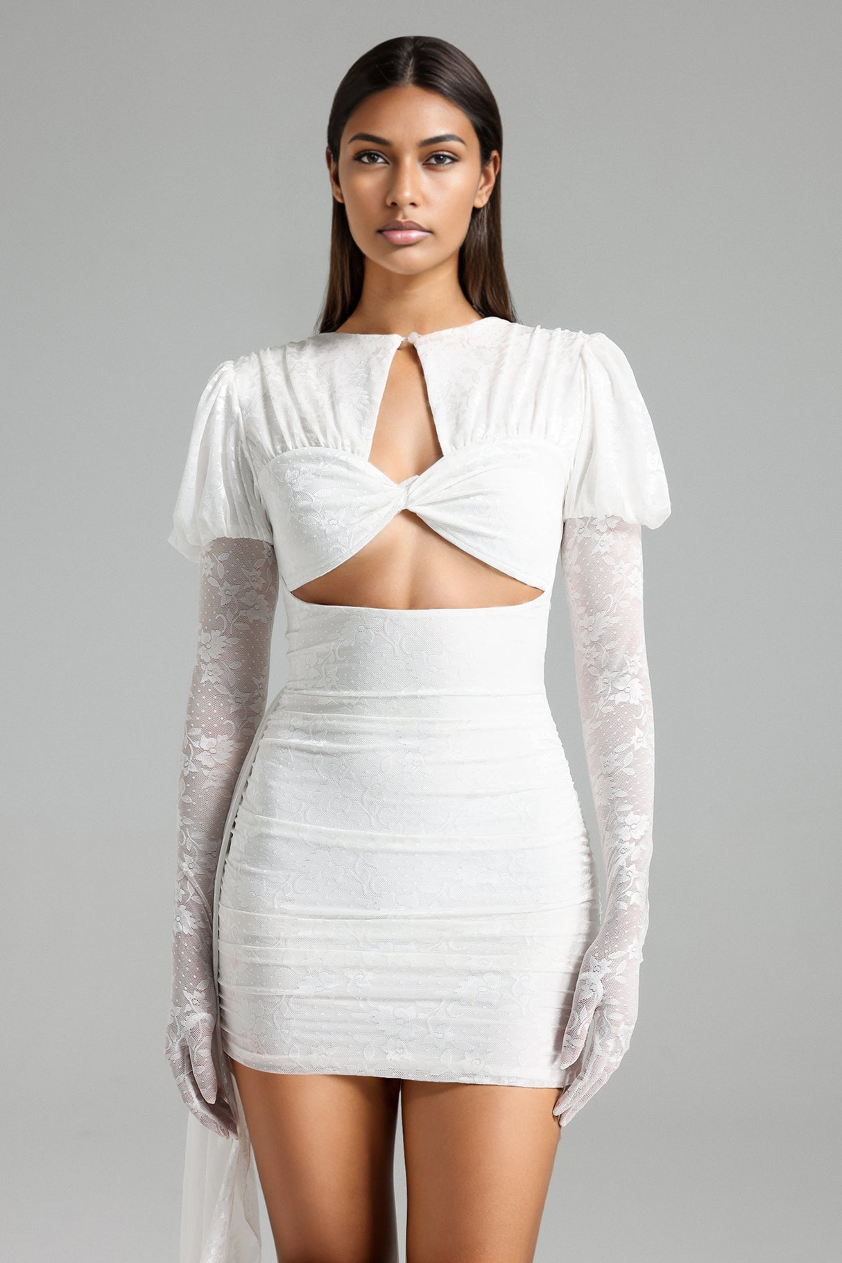 Hazel Mini Dress - Cut-Out - Puff Sleeves - Luxurious Fabric - High-Low Hemline - Intricate Detailing