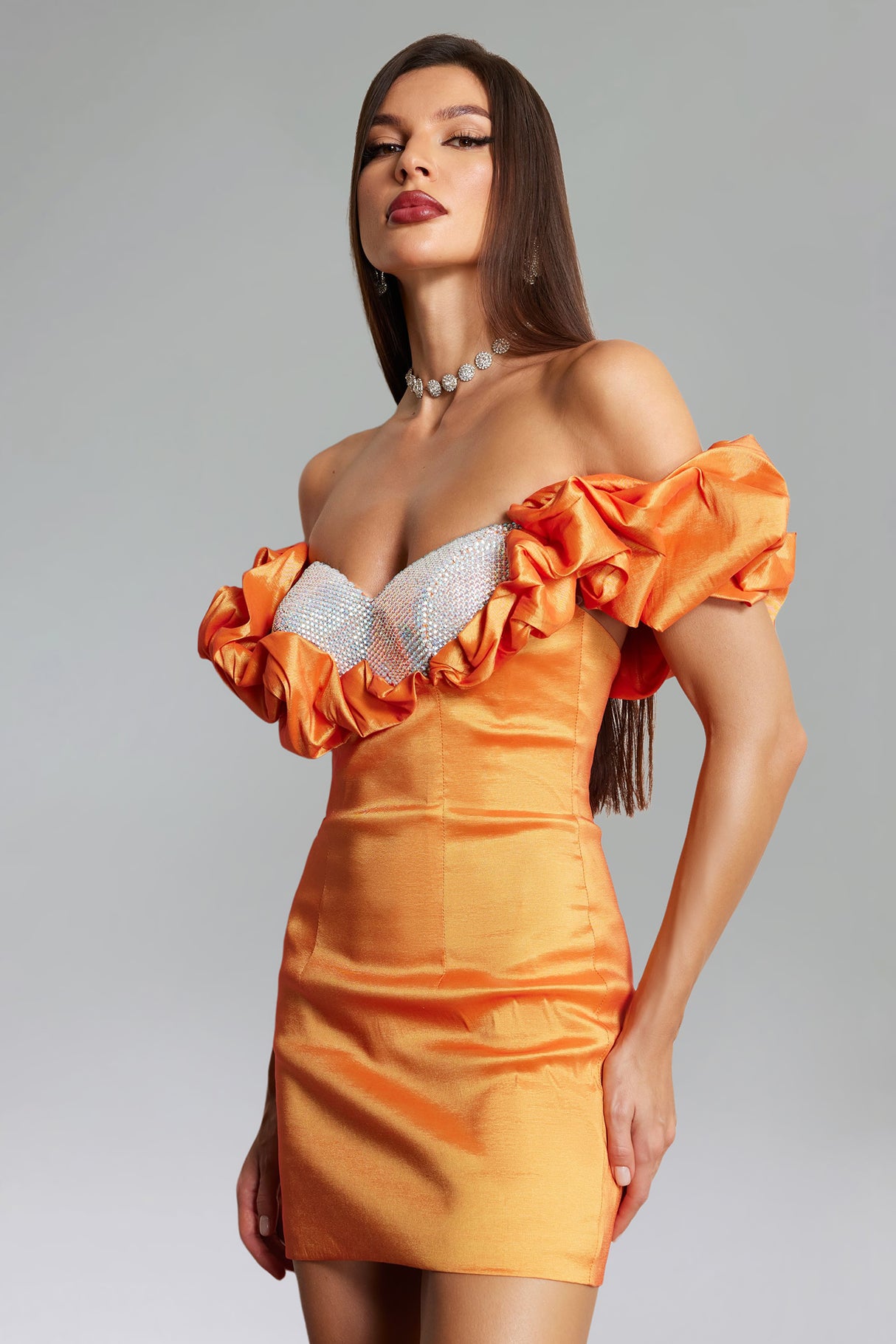 Mariateresa Mini Dress - Off-Shoulder Neckline - Puff Sleeves - Diamante Embellishments - Figure-Hugging Fit - Mini Length