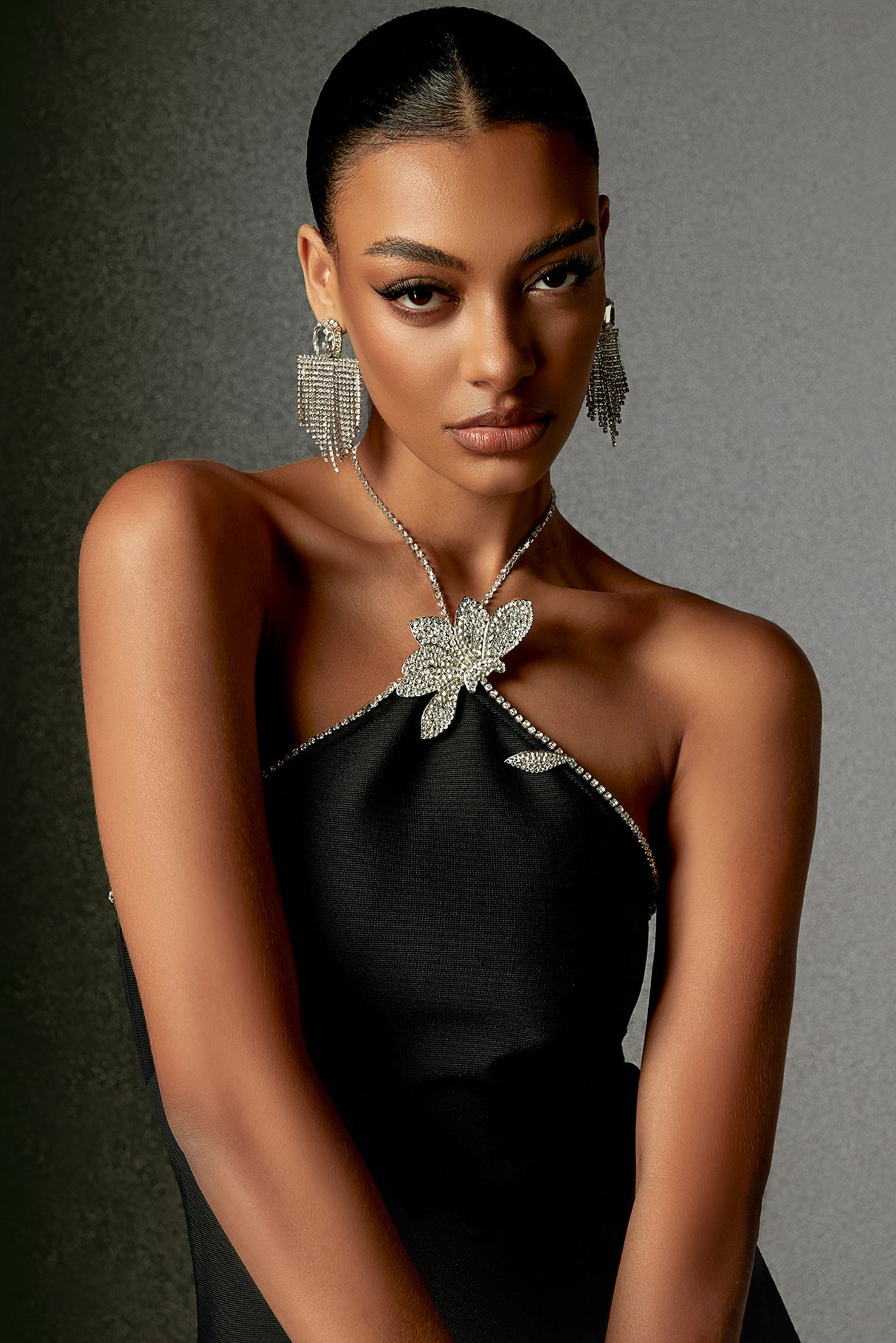 Miriana Mini Dress - Halterneck - Bandage - Sleek Silhouette - Intricate Neckline Detailing - Sparkling Embellishment