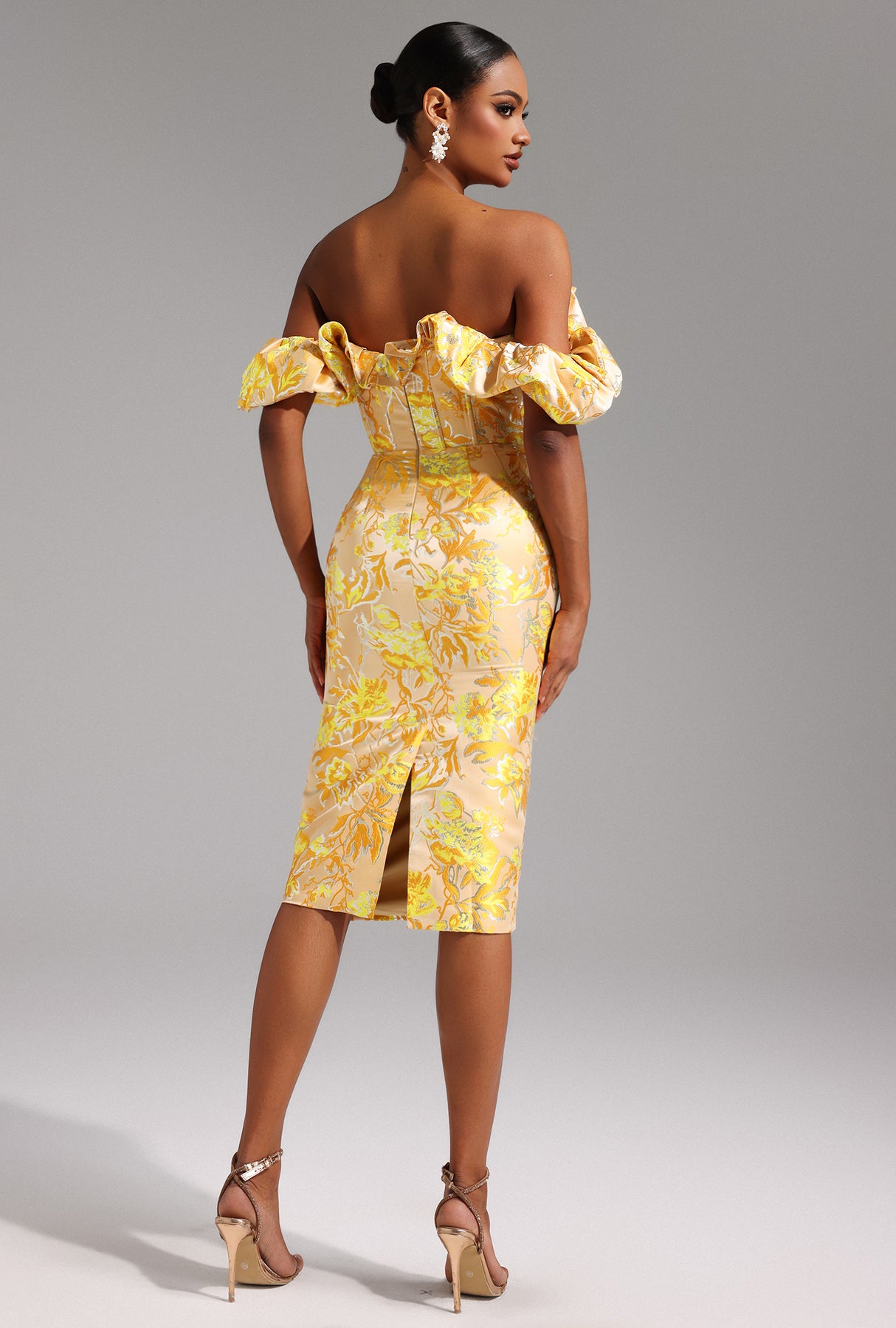 Ivana Midi Dress - Off-The-Shoulder Neckline - Jacquard Pattern - Ruffled Detailing - Fitted - Floral Motifs