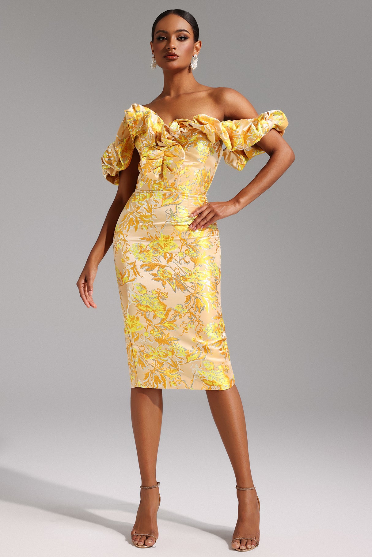 Ivana Midi Dress - Off-The-Shoulder Neckline - Jacquard Pattern - Ruffled Detailing - Fitted - Floral Motifs