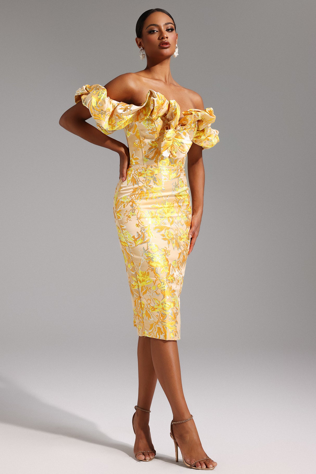 Ivana Midi Dress - Off-The-Shoulder Neckline - Jacquard Pattern - Ruffled Detailing - Fitted - Floral Motifs