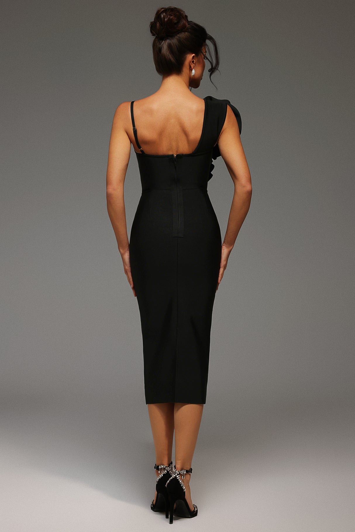 Malia Midi Dress - Asymmetrical - One-Shoulder Neckline - Floral Detailing - Bandage Fabric - Sophisticated Charm