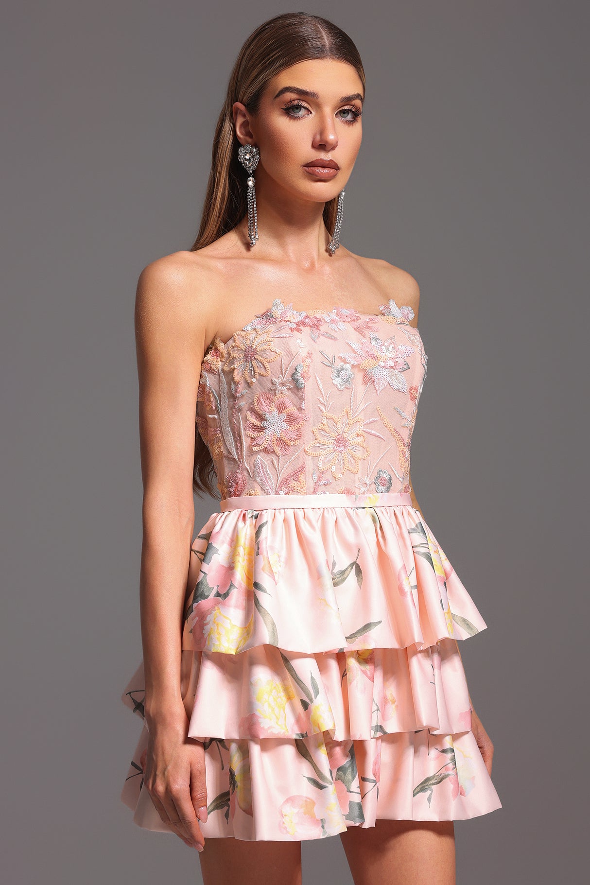 Jenna Mini Dress - Strapless - Floral Embroidery - Flared Silhouette - Soft Fabric - Delicate Floral Patterns