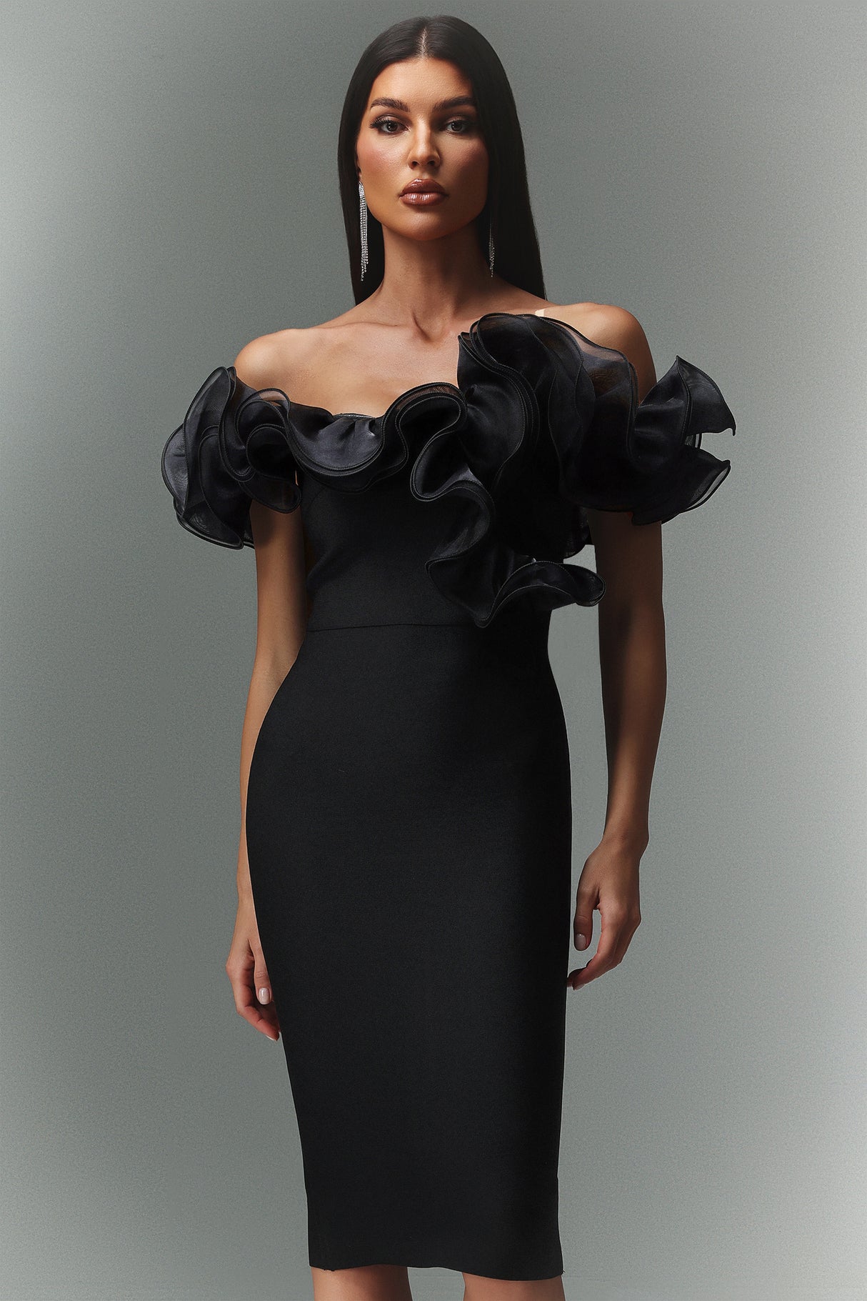 Faith Midi Dress - Off-The-Shoulder Flounce - Body-Hugging Fit - High-Quality Materials