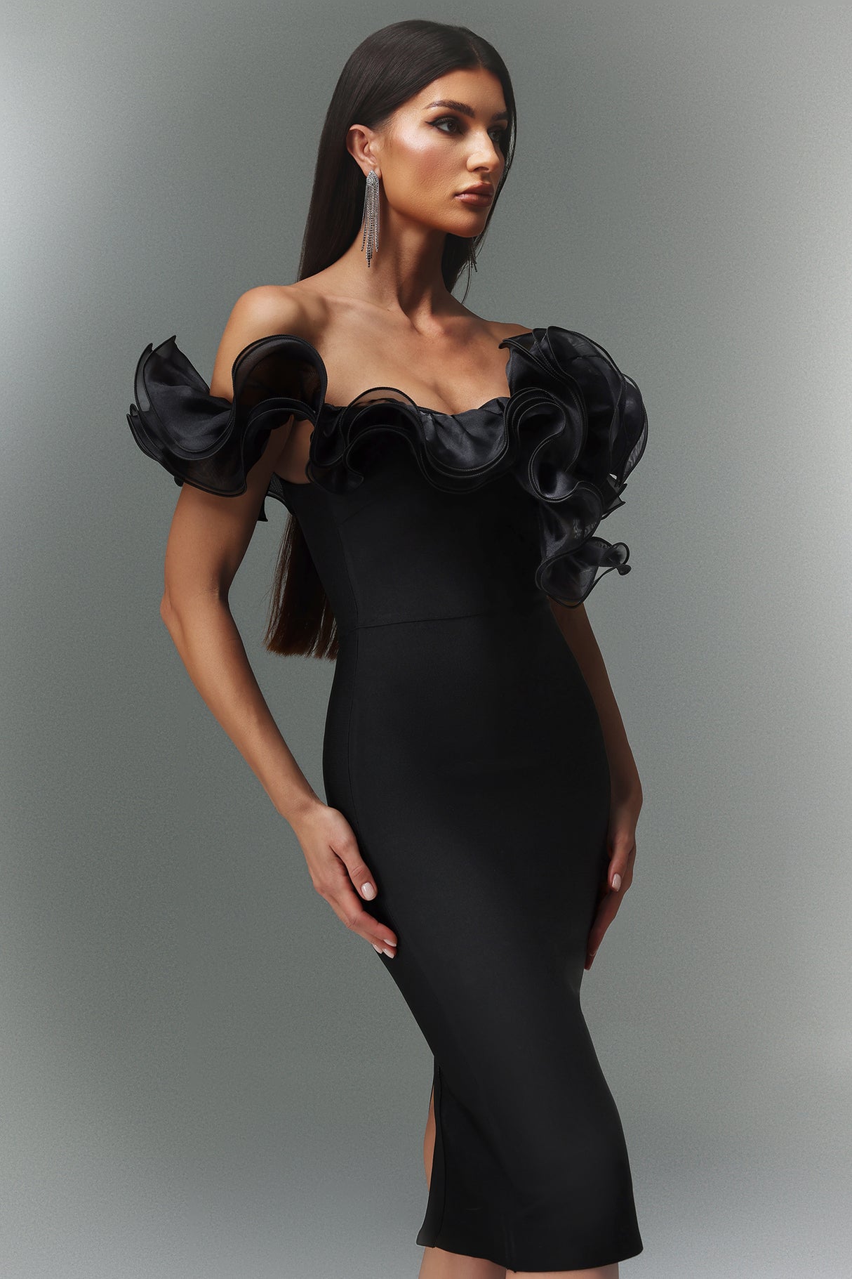 Faith Midi Dress - Off-The-Shoulder Flounce - Body-Hugging Fit - High-Quality Materials