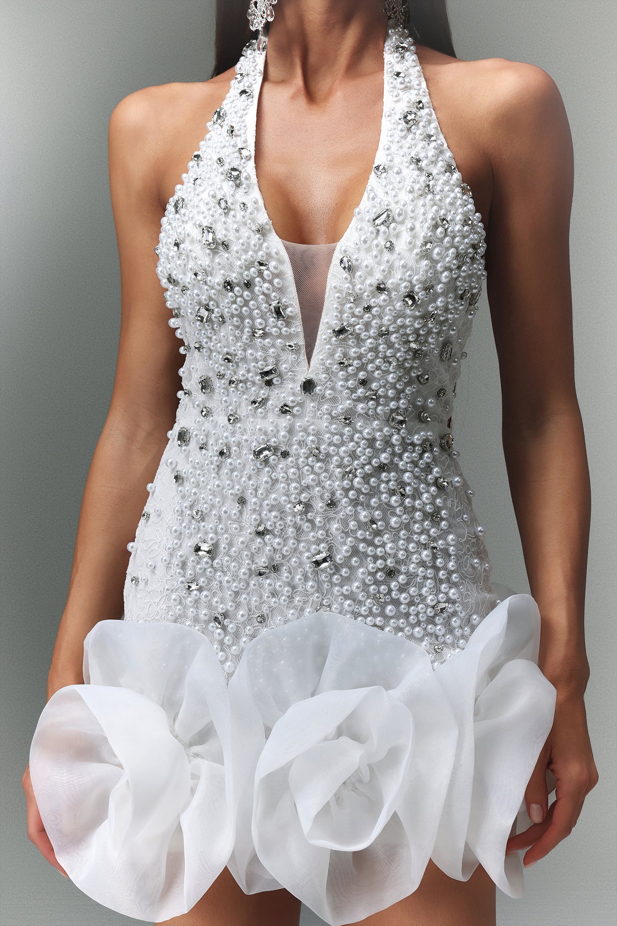 Laney Mini Dress - Sleeveless V-Neck - Diamond Flowers - Shimmering Embellishments - Flattering Fit - Floral Hem