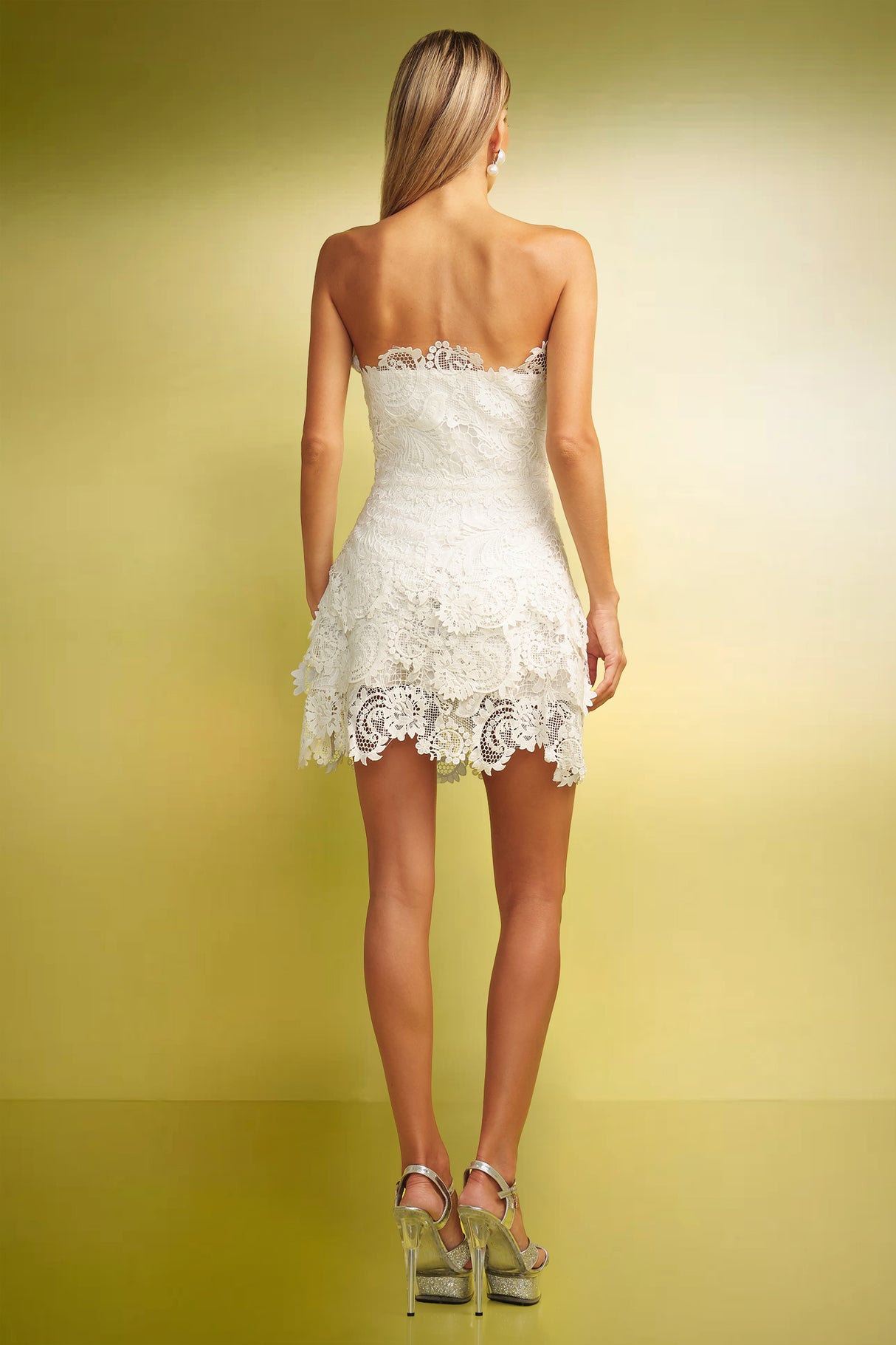 Sabina Strapless Lace Mini Dress - Detailing - Strapless Silhouette - Fitted Bodice - Mini Length