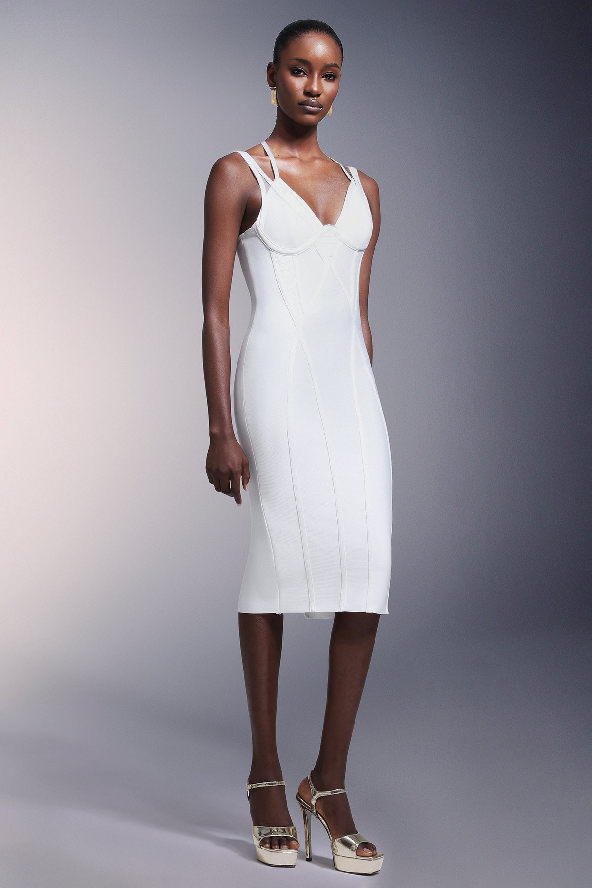 Virginia Midi Dress - Figure-Hugging Fit - Plunging Neckline - Intricate Bodice Detailing - High-Quality Blend - Bandage