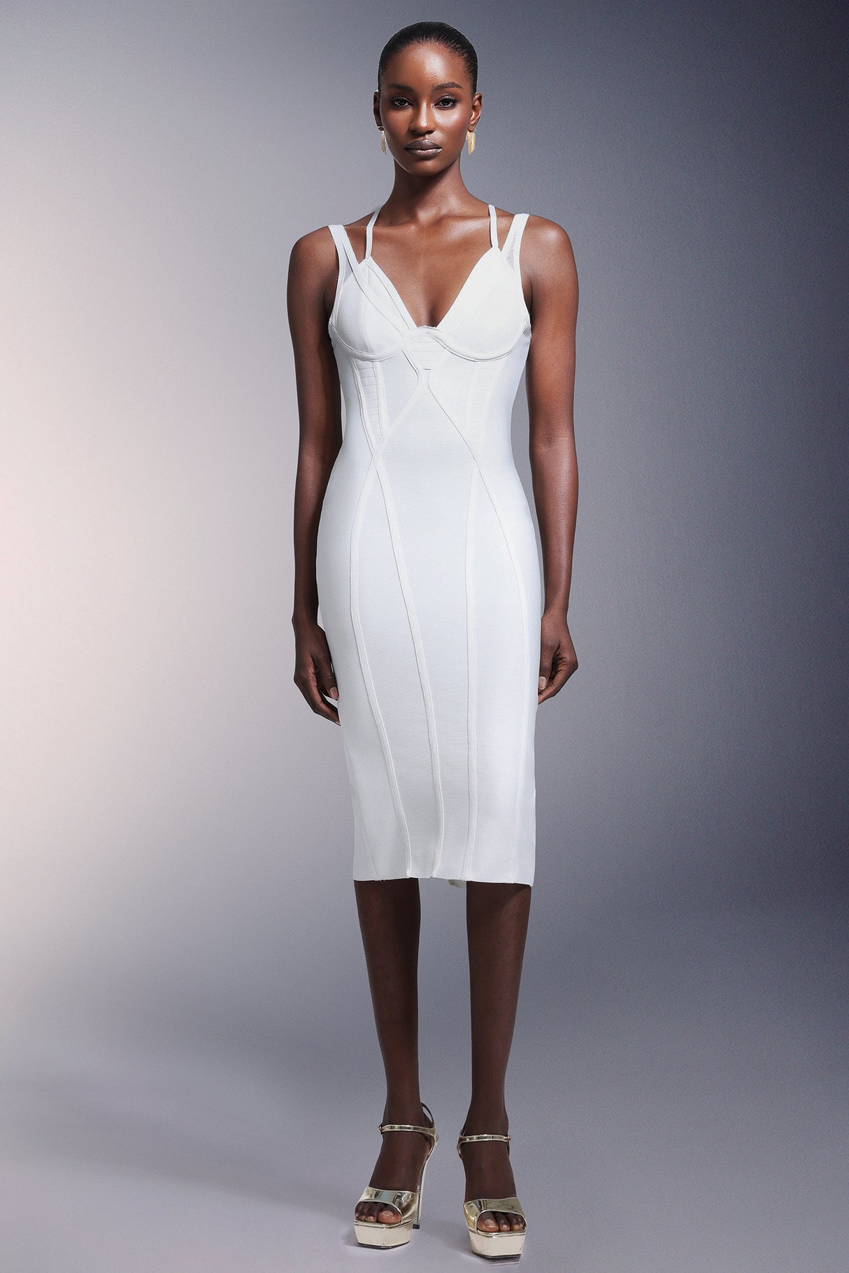 Virginia Midi Dress - Figure-Hugging Fit - Plunging Neckline - Intricate Bodice Detailing - High-Quality Blend - Bandage