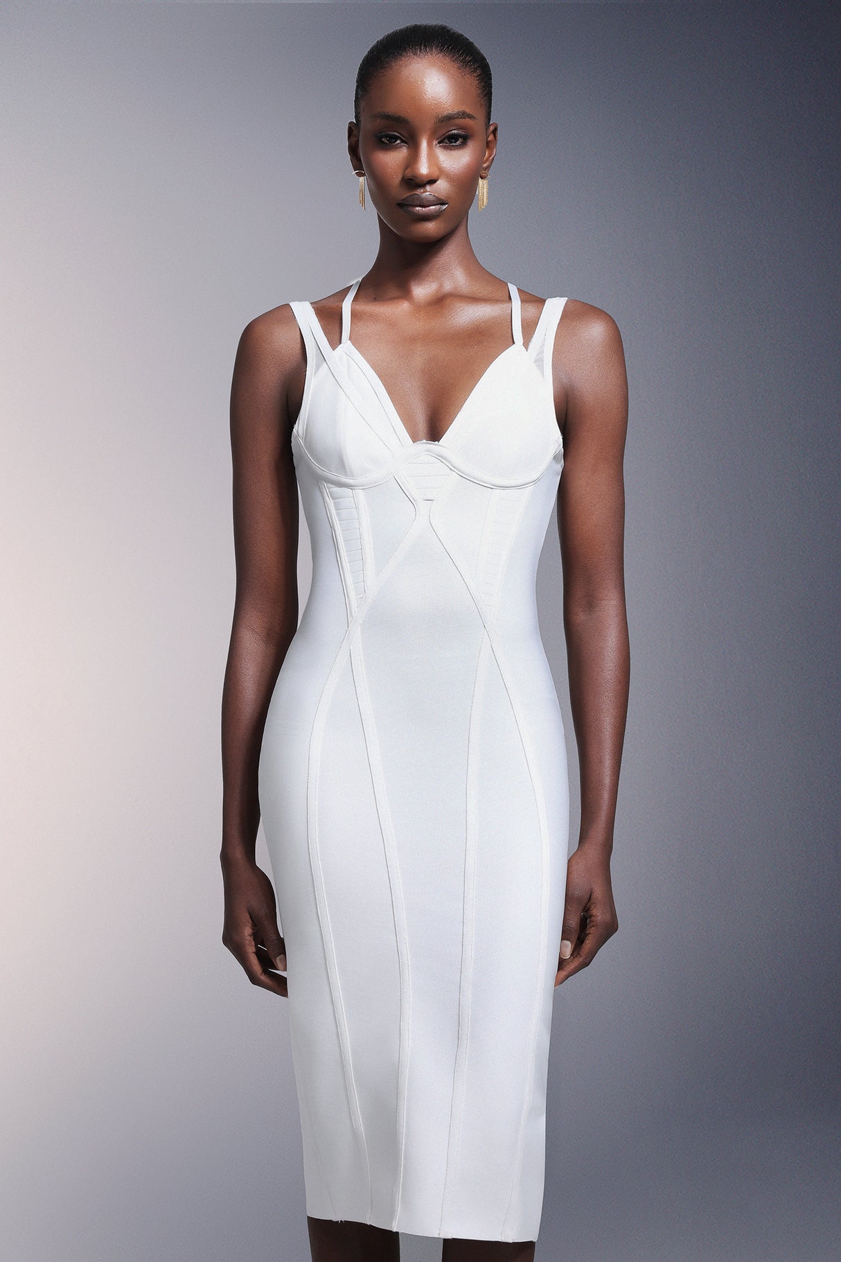 Virginia Midi Dress - Figure-Hugging Fit - Plunging Neckline - Intricate Bodice Detailing - High-Quality Blend - Bandage