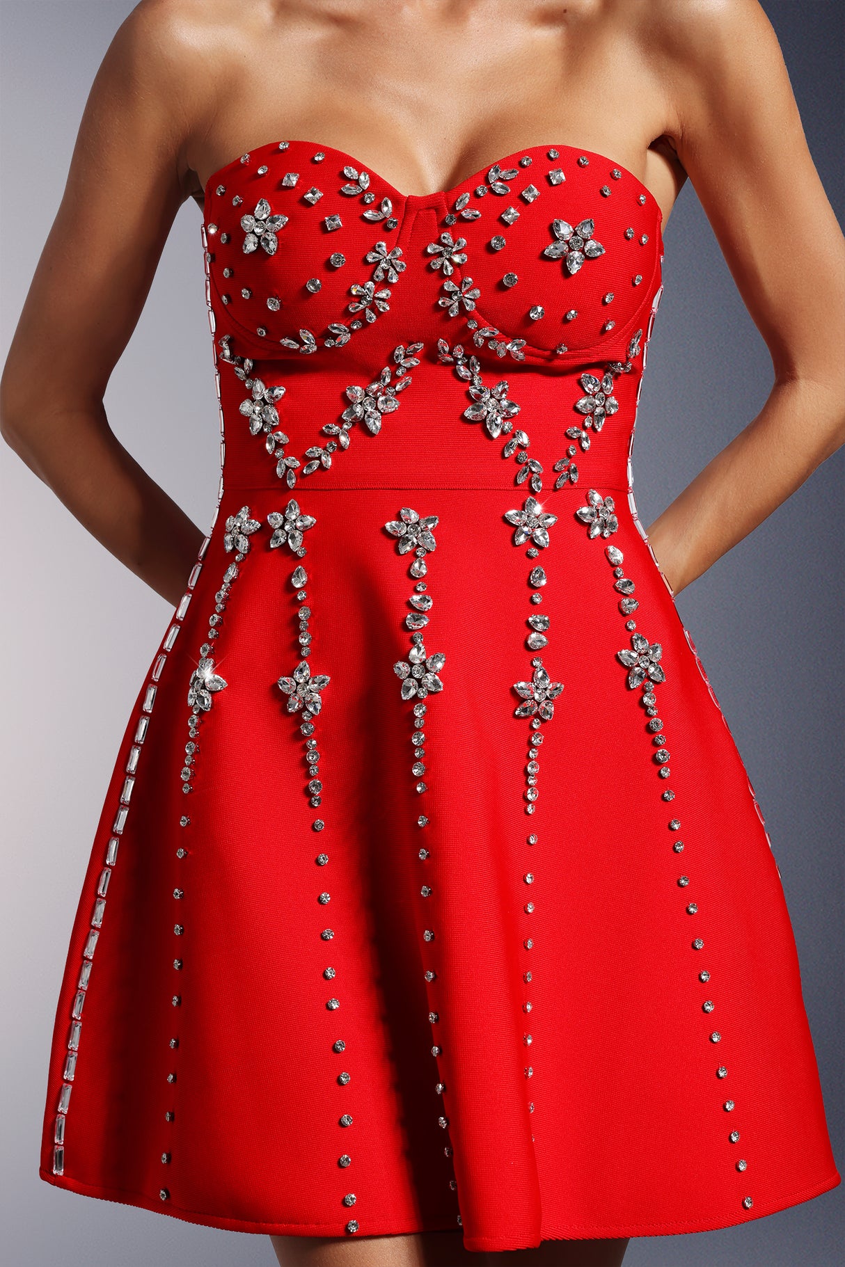 Karina Strapless Diamond Bandage Mini Dress - Intricate Diamond Detailing - Flattering Fit - Playful Flare