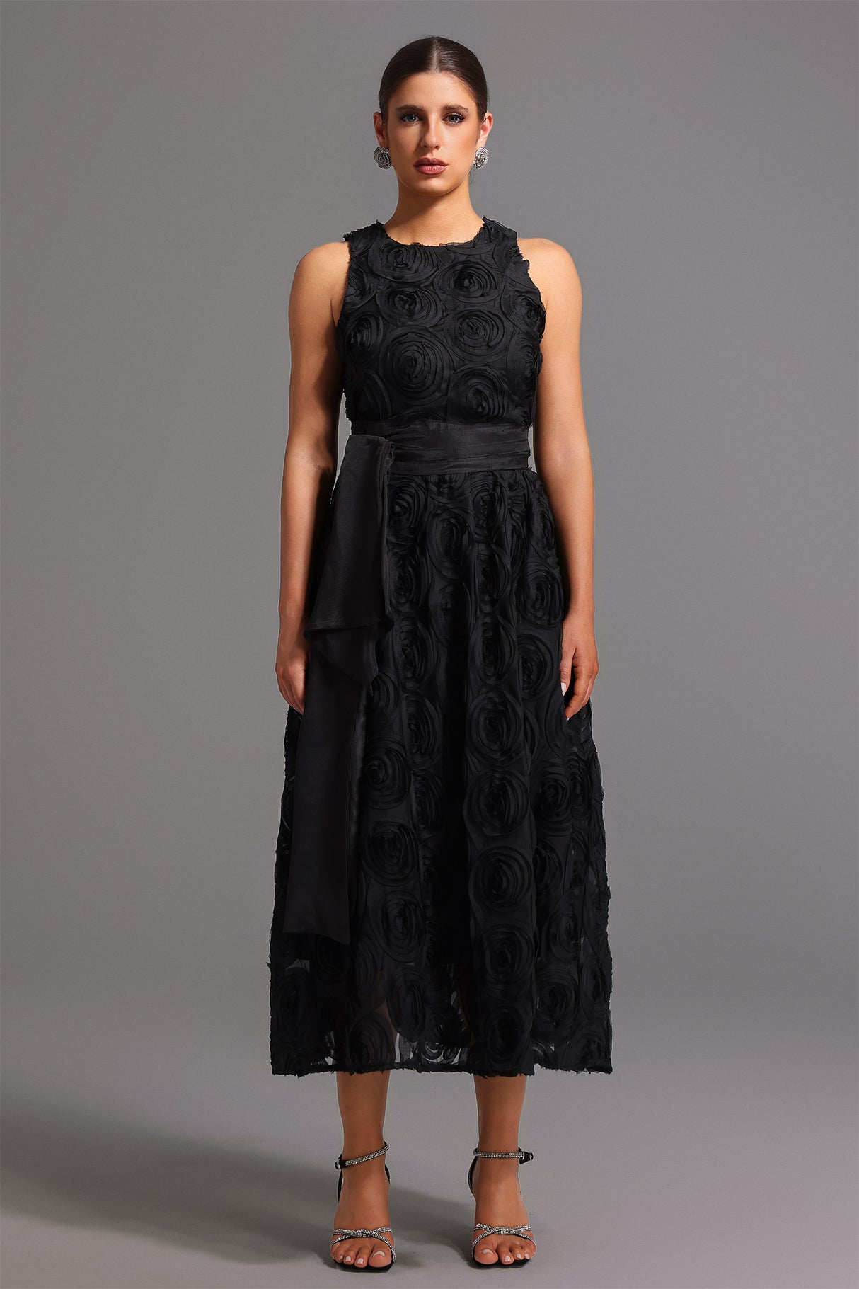 Emilee Midi Dress - Sleeveless Round Neck - Floral Detailing - Fit And Flare Silhouette - Satin Belt - High-Quality Materials