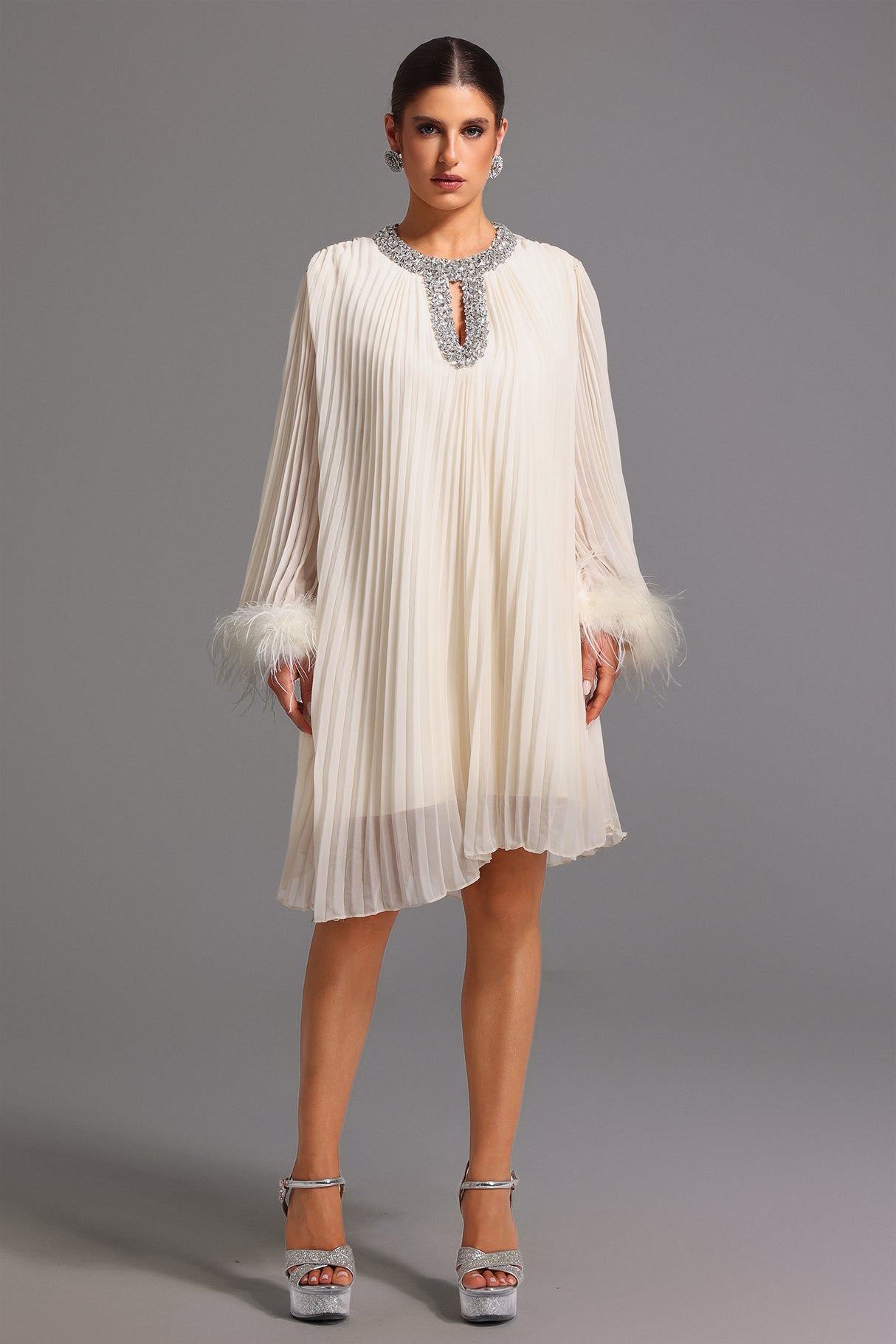 Guenda Midi Dress - Pleated - Diamond Detailing - Feather Accents - Lightweight Fabric