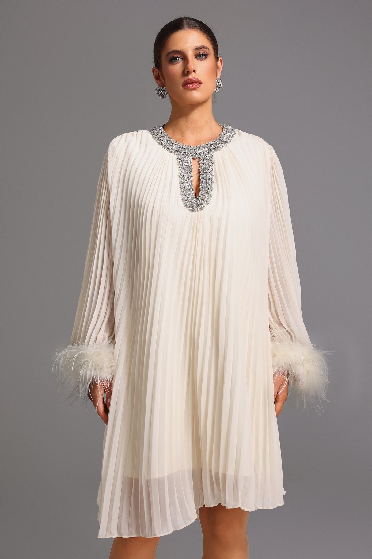 Guenda Midi Dress - Pleated - Diamond Detailing - Feather Accents - Lightweight Fabric