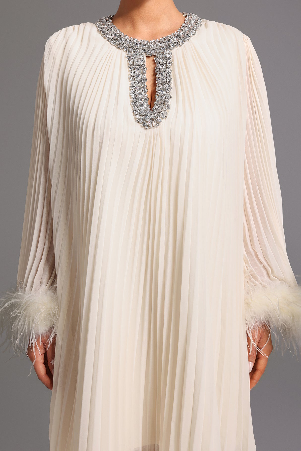 Guenda Midi Dress - Pleated - Diamond Detailing - Feather Accents - Lightweight Fabric