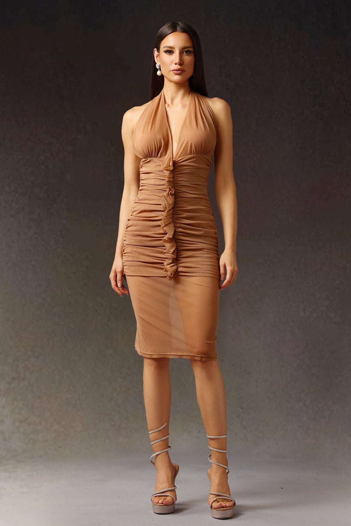 Imelda Midi Dress - Halter V-Neck - Ruched Detailing - Sophisticated Midi Length - Exquisite Fold - Comfortable Stretch Fabric