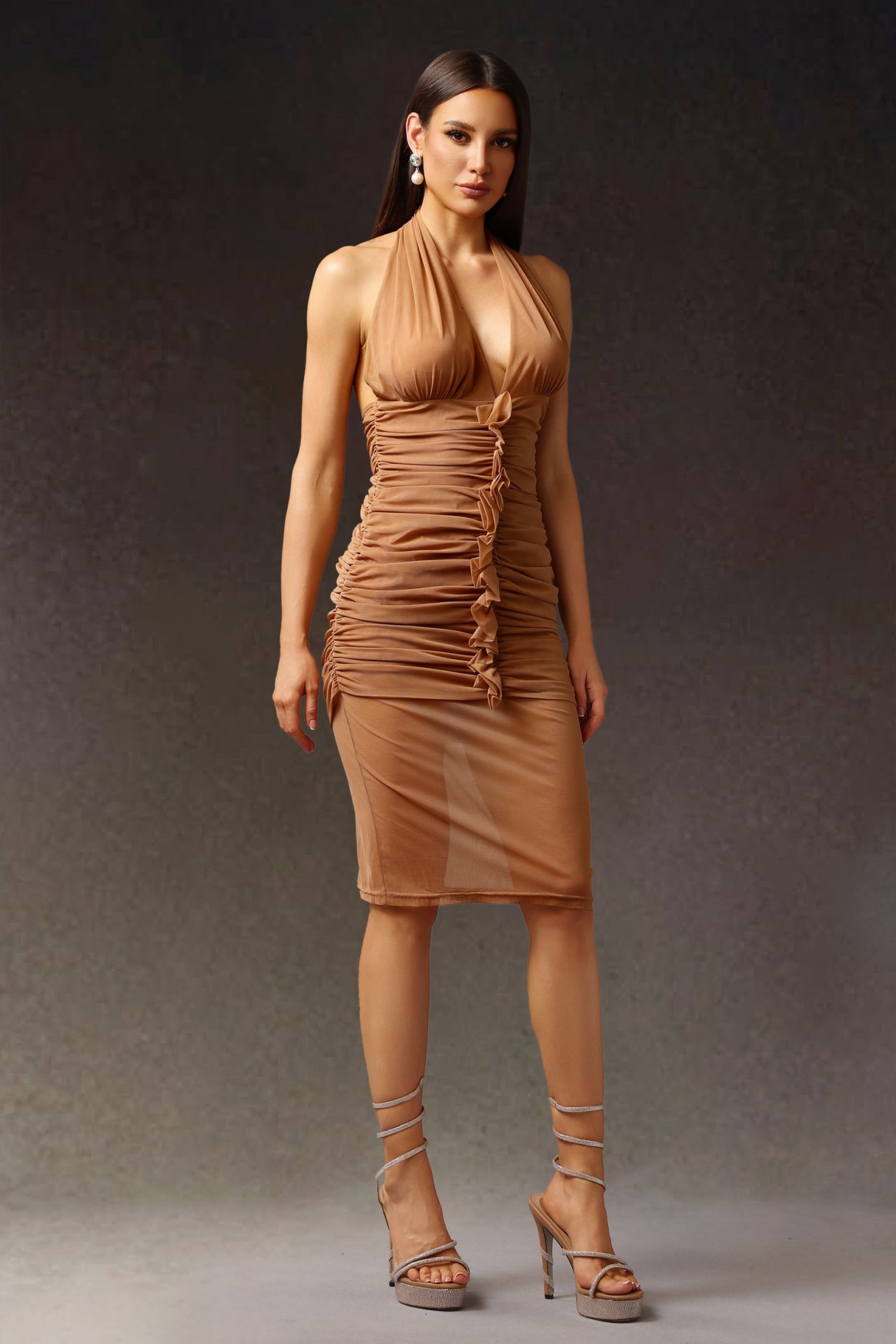 Imelda Midi Dress - Halter V-Neck - Ruched Detailing - Sophisticated Midi Length - Exquisite Fold - Comfortable Stretch Fabric