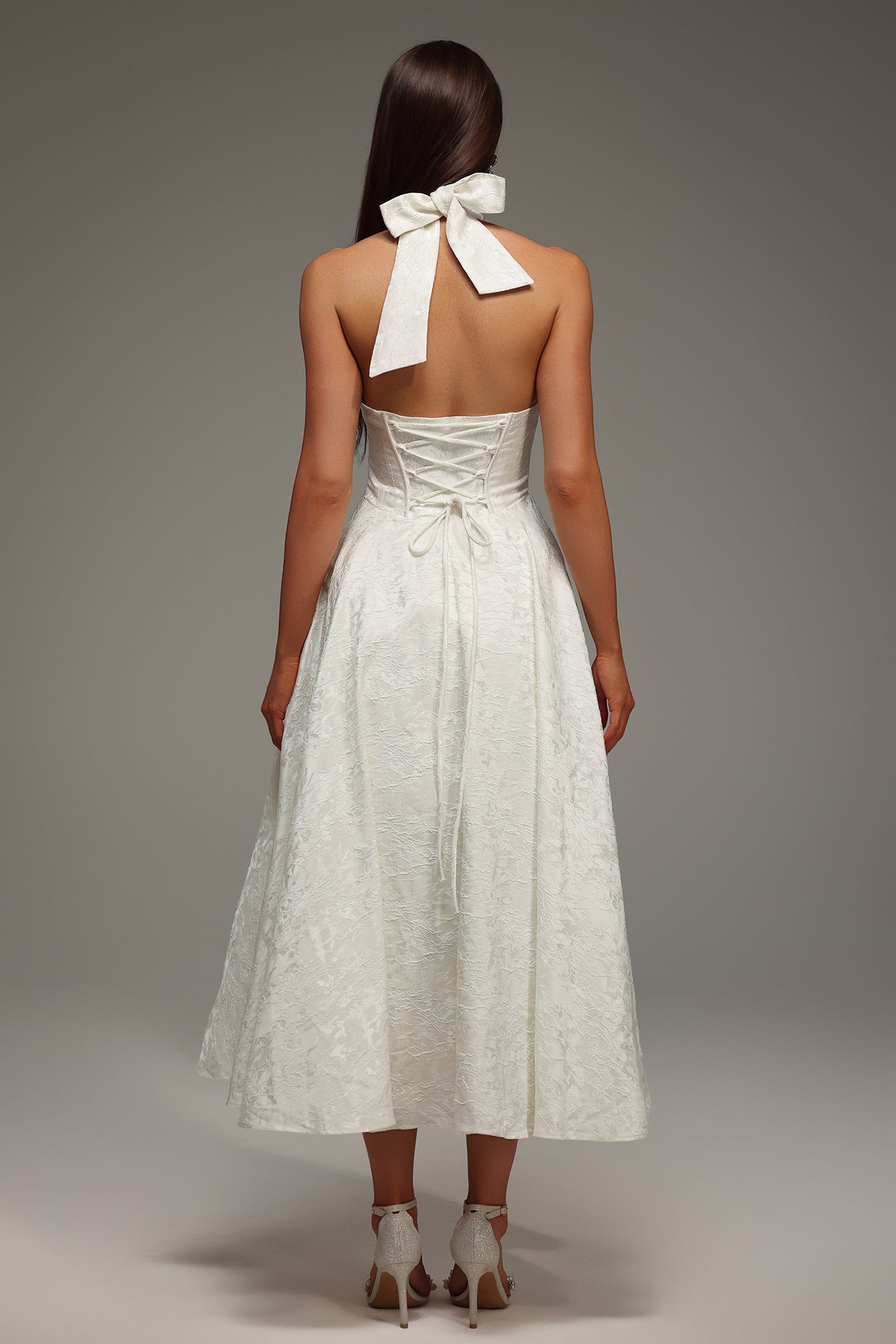 Dorotea Midi Dress - Sleeveless Halter - Deep V-Neckline - Jacquard Detailing - Flattering Silhouette - Comfortable Fit