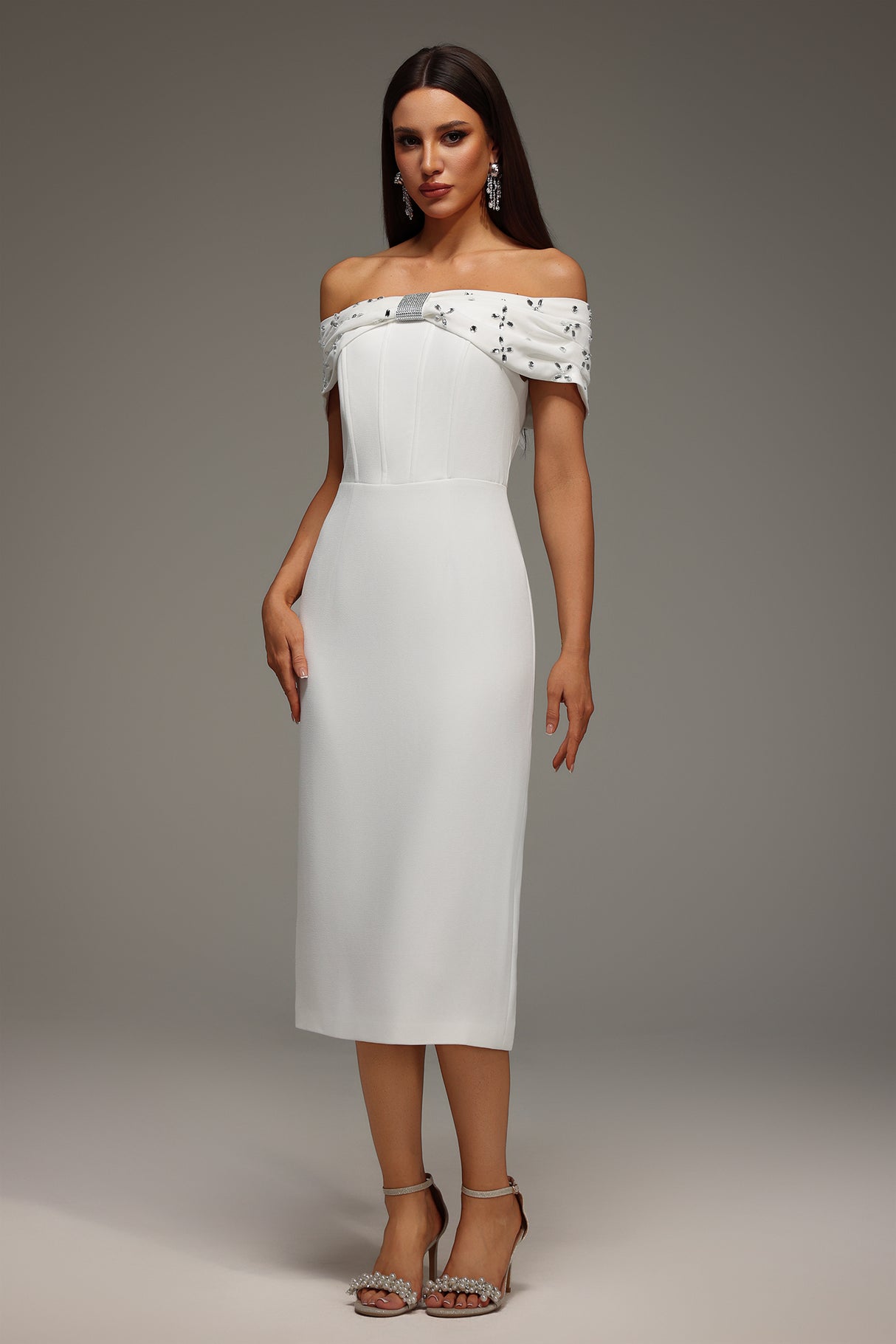 Mariuccia Midi Dress - Off The Shoulder Neckline - Diamond Bandage Detailing - Figure-Hugging Fit