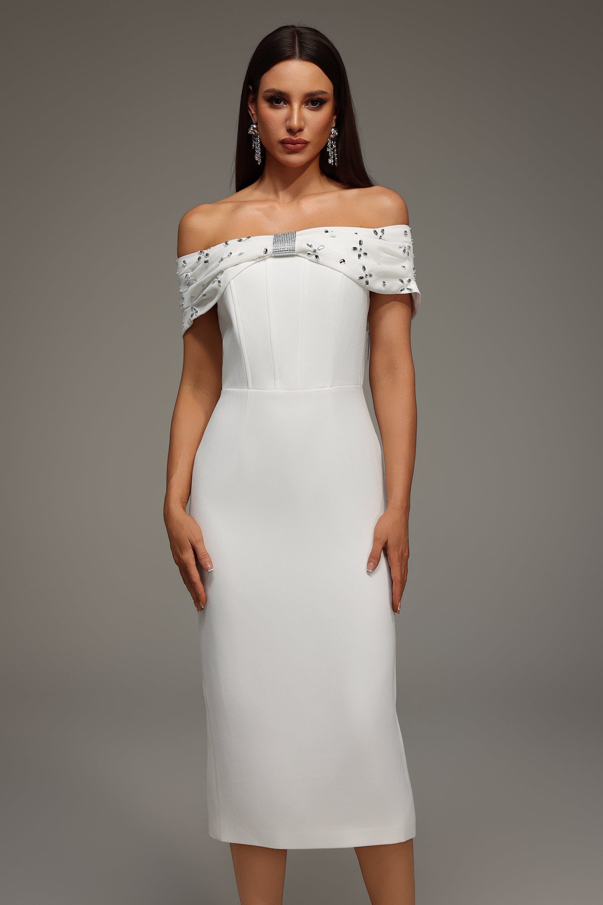 Mariuccia Midi Dress - Off The Shoulder Neckline - Diamond Bandage Detailing - Figure-Hugging Fit