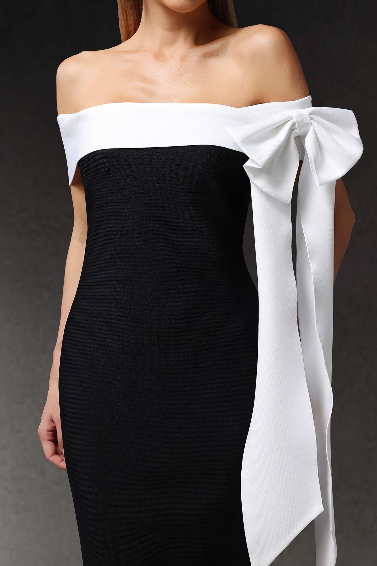 Sara Midi Dress - Sleeveless - Off The Shoulder - Bow Bandage - Sleek Silhouette - Luxurious Fit Feel