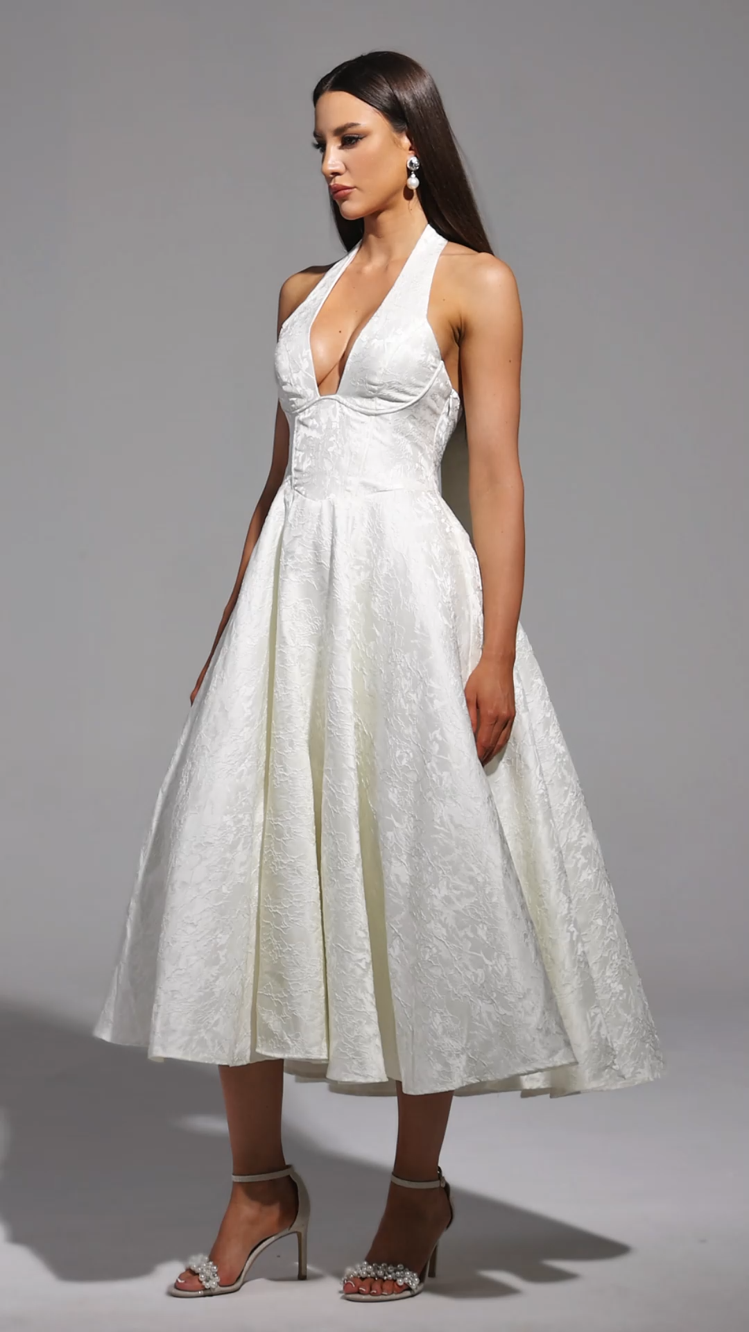Dorotea Midi Dress - Sleeveless Halter - Deep V-Neckline - Jacquard Detailing - Flattering Silhouette - Comfortable Fit