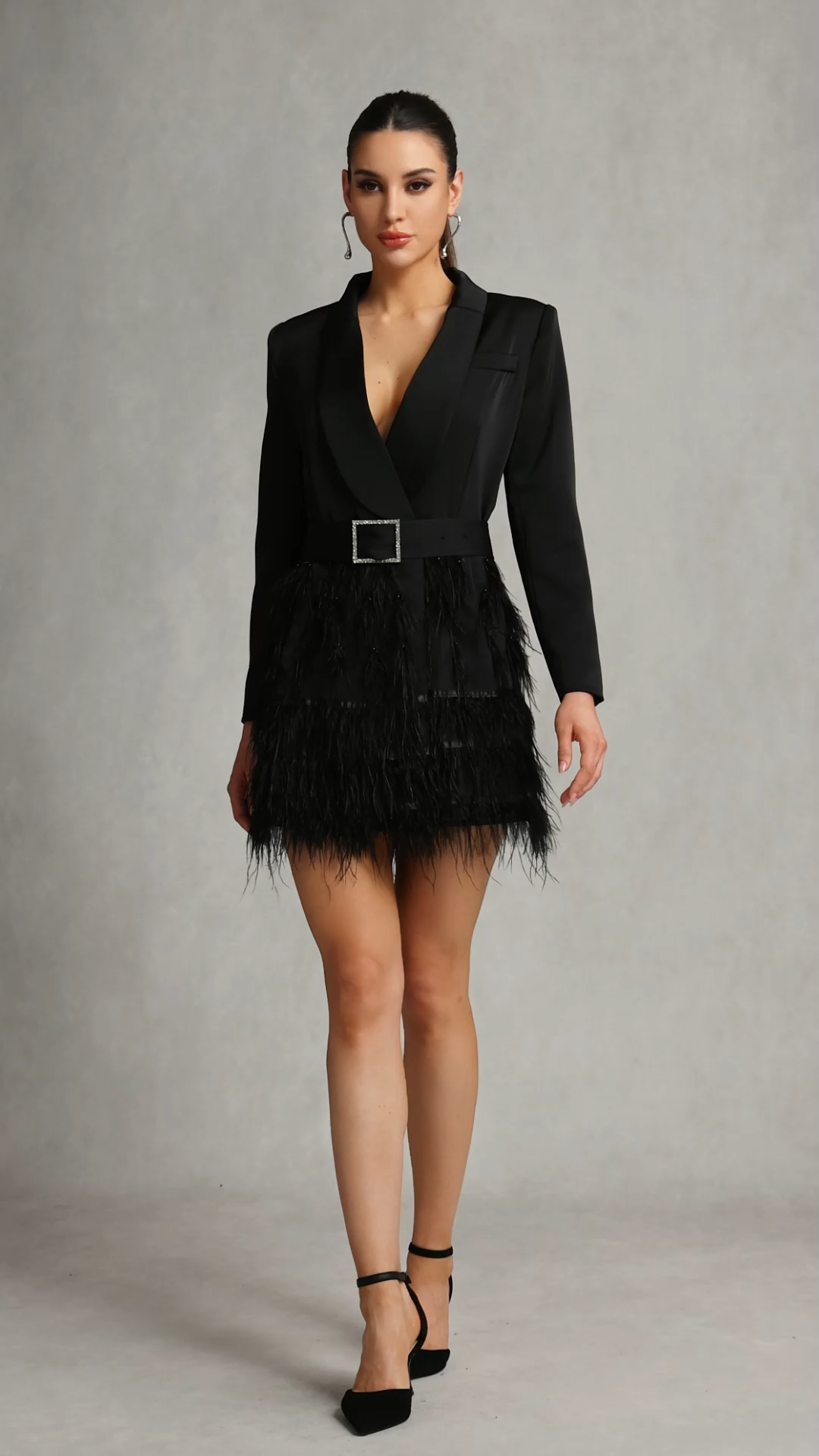 Pierina Blazer Mini Dress - Sophisticated Silhouette - Deep V-Neckline - Feather Hem Detail - Belt - Long Sleeves