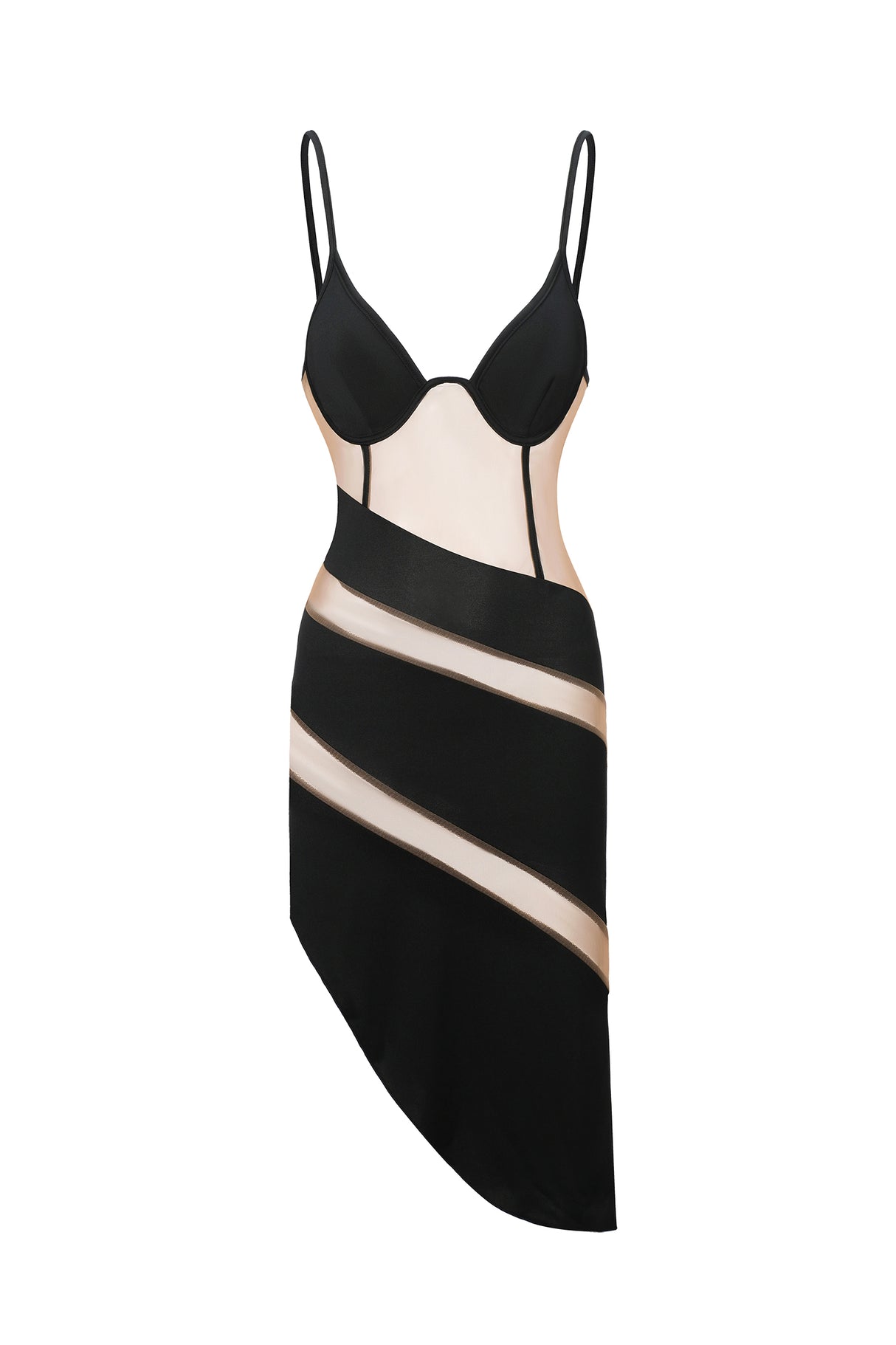 Flora Midi Dress - Halter Neckline - Sheer Paneling - Asymmetric Hem - Mesh Detailing - Comfortable Fit