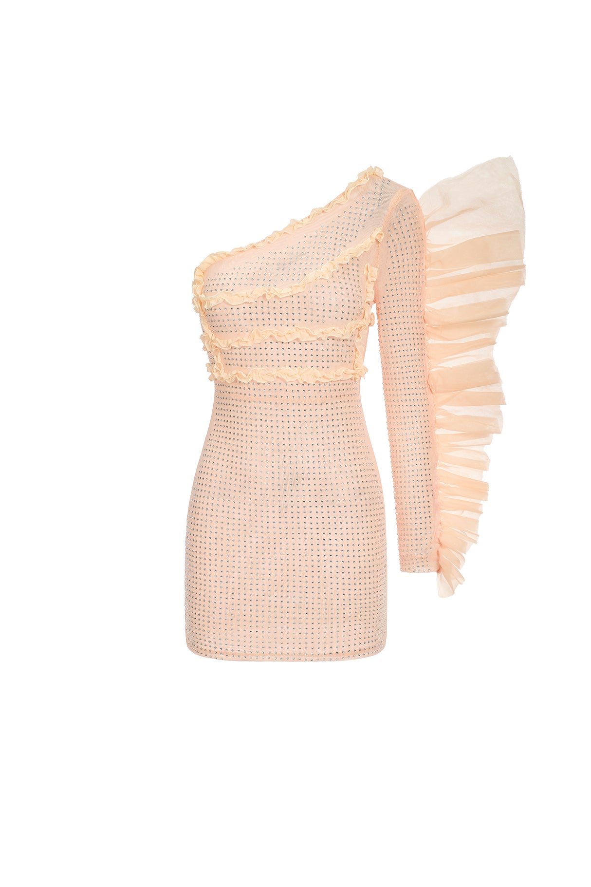 Mariuccia Mini Dress - One Sleeve - Diamante Embellishments - Ruffled Detailing - Asymmetrical Silhouette - Breathable Fabric
