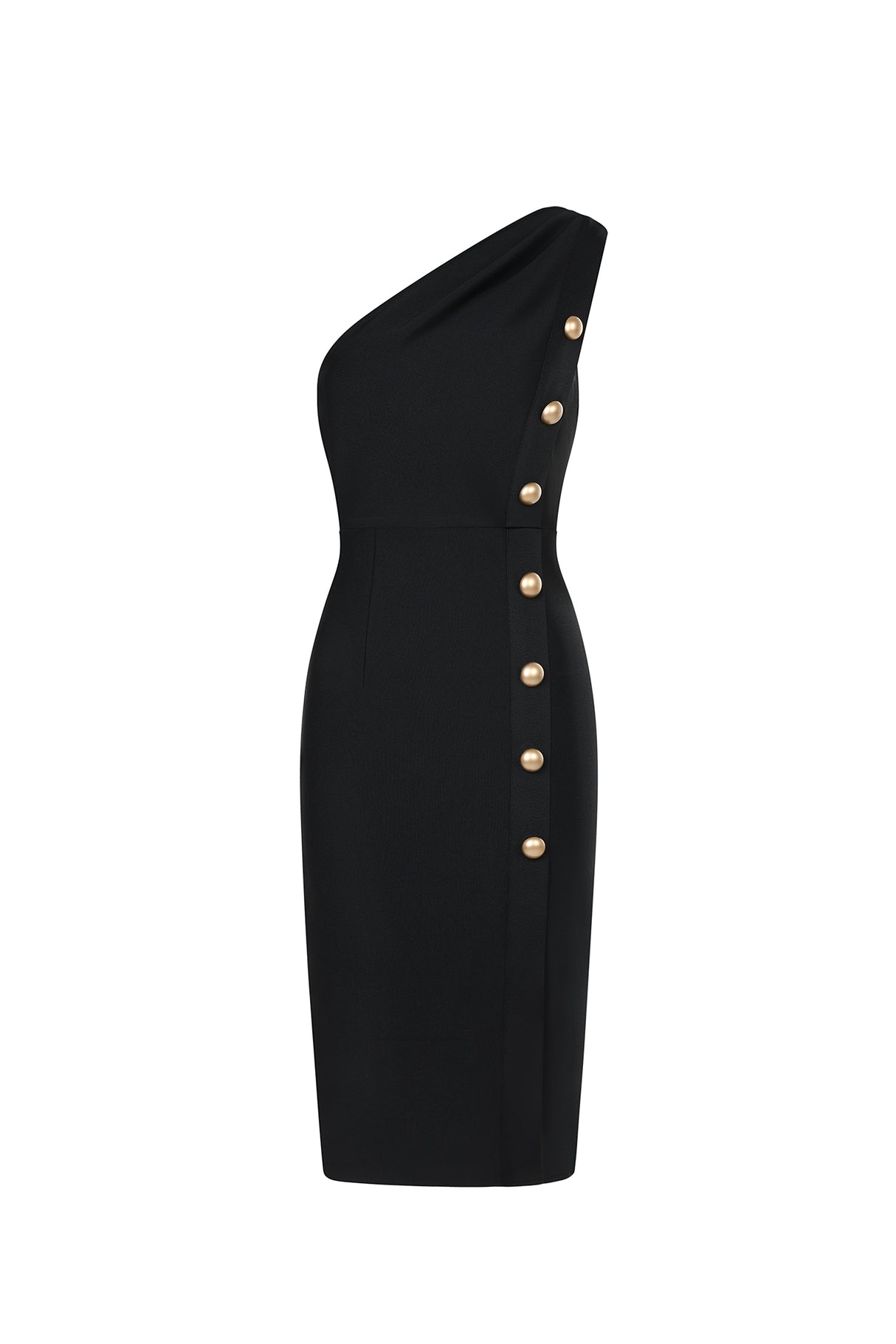 Skylar Midi Dress - One Shoulder - Bandage Fit - Button Detailing - Sophisticated Appeal