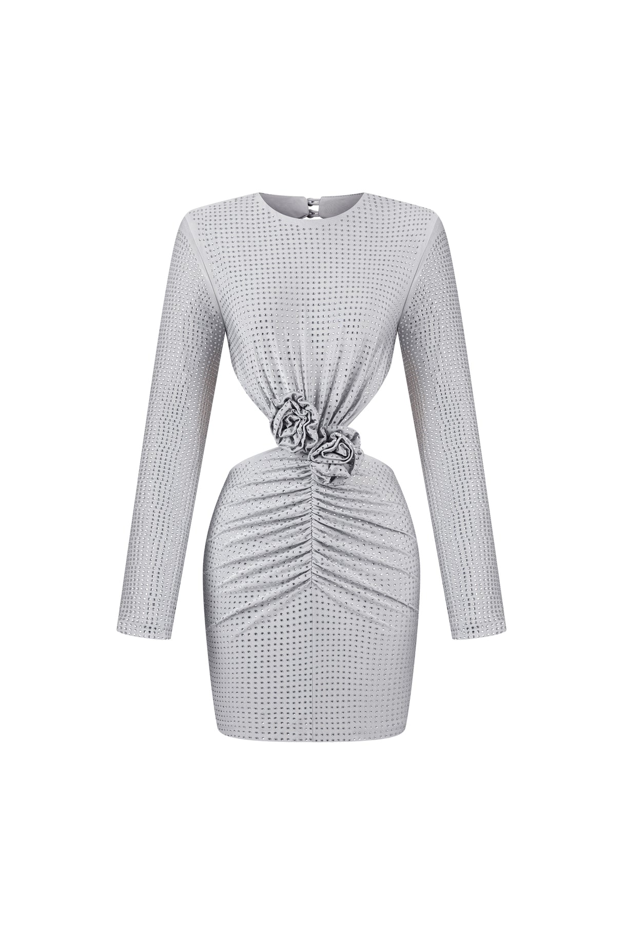 Yvette Mini Dress - Long Sleeves - Flowers Hollow Backless - Diamond Accents - Waist Knot