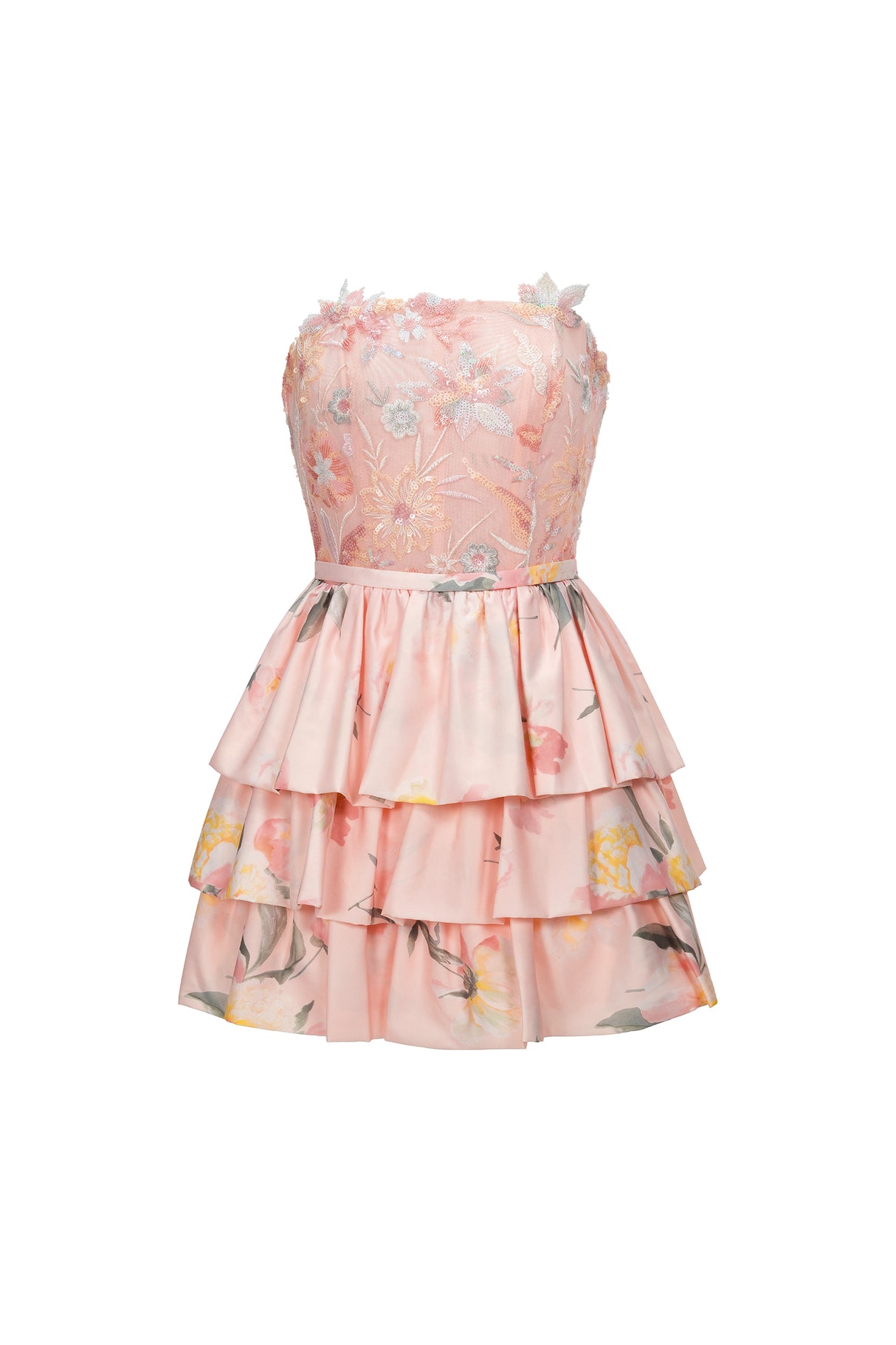 Jenna Mini Dress - Strapless - Floral Embroidery - Flared Silhouette - Soft Fabric - Delicate Floral Patterns