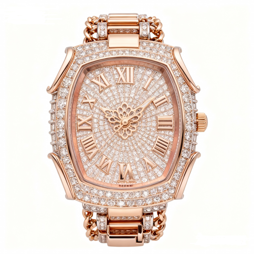 Elena Van Hoef Rose Gold Tonneau Iced-Out Moissanite Watch