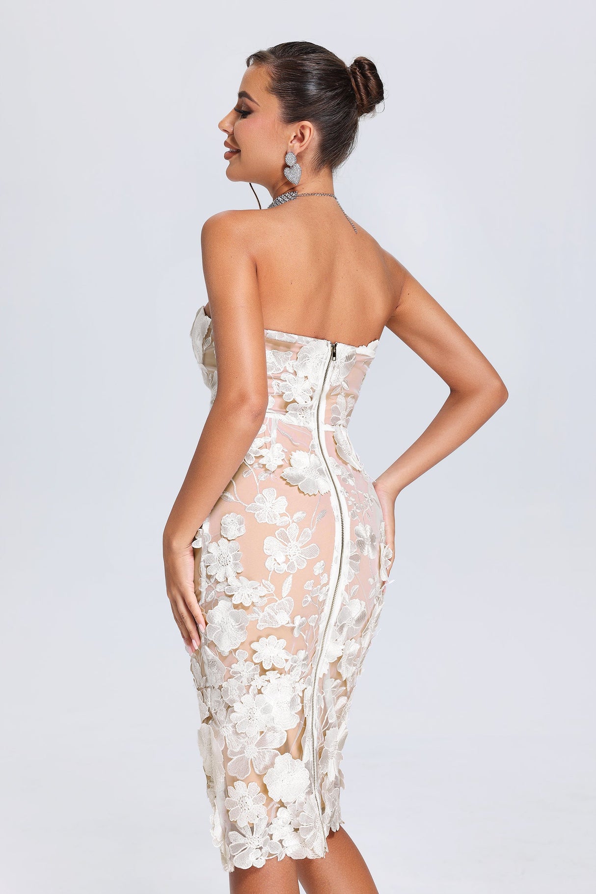 Miranda Midi Dress - Oval Lace Overlay - Strapless Neckline - Floral Detailing - Fitted Silhouette - Sophisticated Midi Length