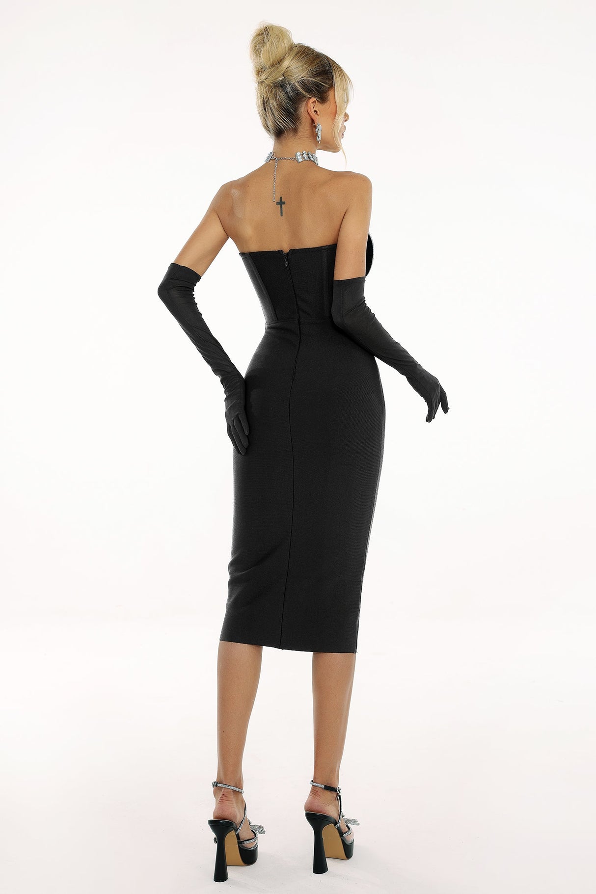 Samantha Midi Dress - Strapless Silhouette - Diamante Embellishments - Sheer Panels - Form-Fitting Fabric - Glamorous Appeal