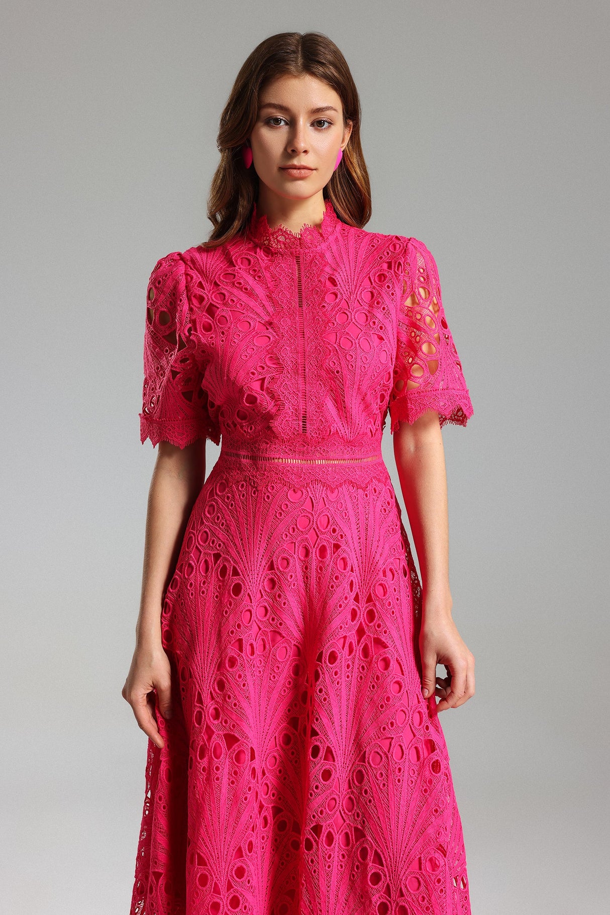 Liana Midi Dress - Stunning Lace Overlay - Feminine Silhouette - High Neckline - Flowy Skirt - Intricate Detailing