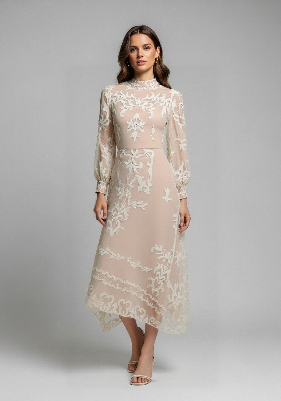 Midi Dress - Stand Collar - Bishop Sleeve - High Waist - Plants Print - Elegant