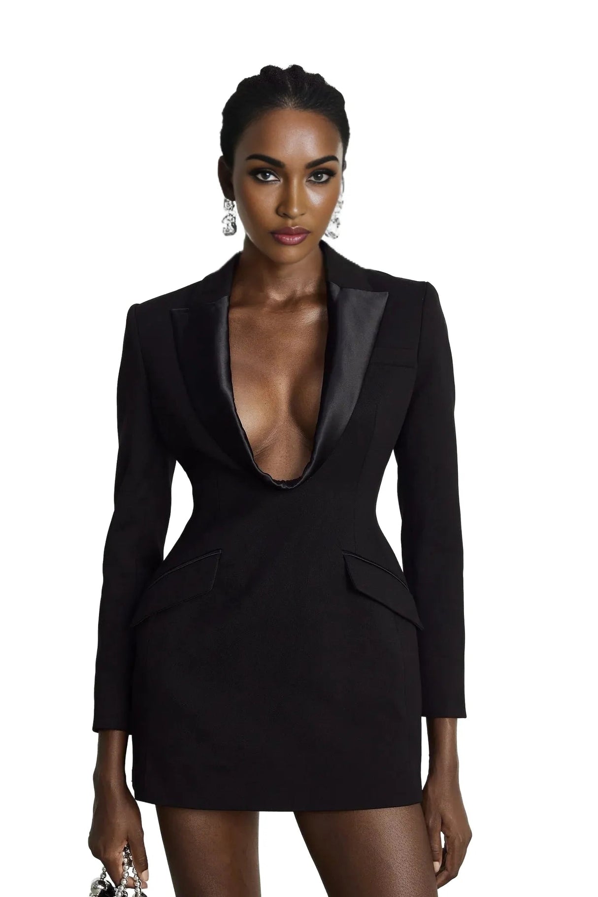 Abigail Blazer - Deep V - Neck - Satin Lapels - Long Sleeves - Mini Length Dress