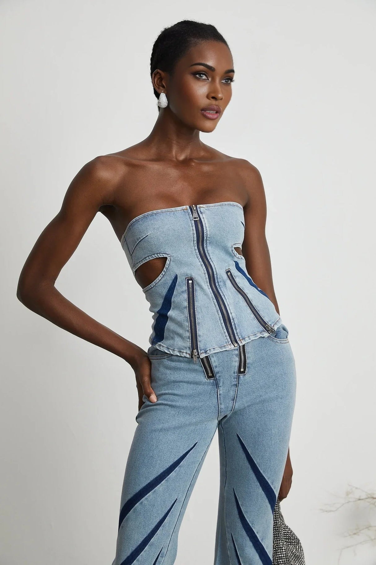Abigail Denim Top & Jeans Set - Off - the - Shoulder Style - Color - Blocked Design - Cut - Out Detailing - Zips Decoration
