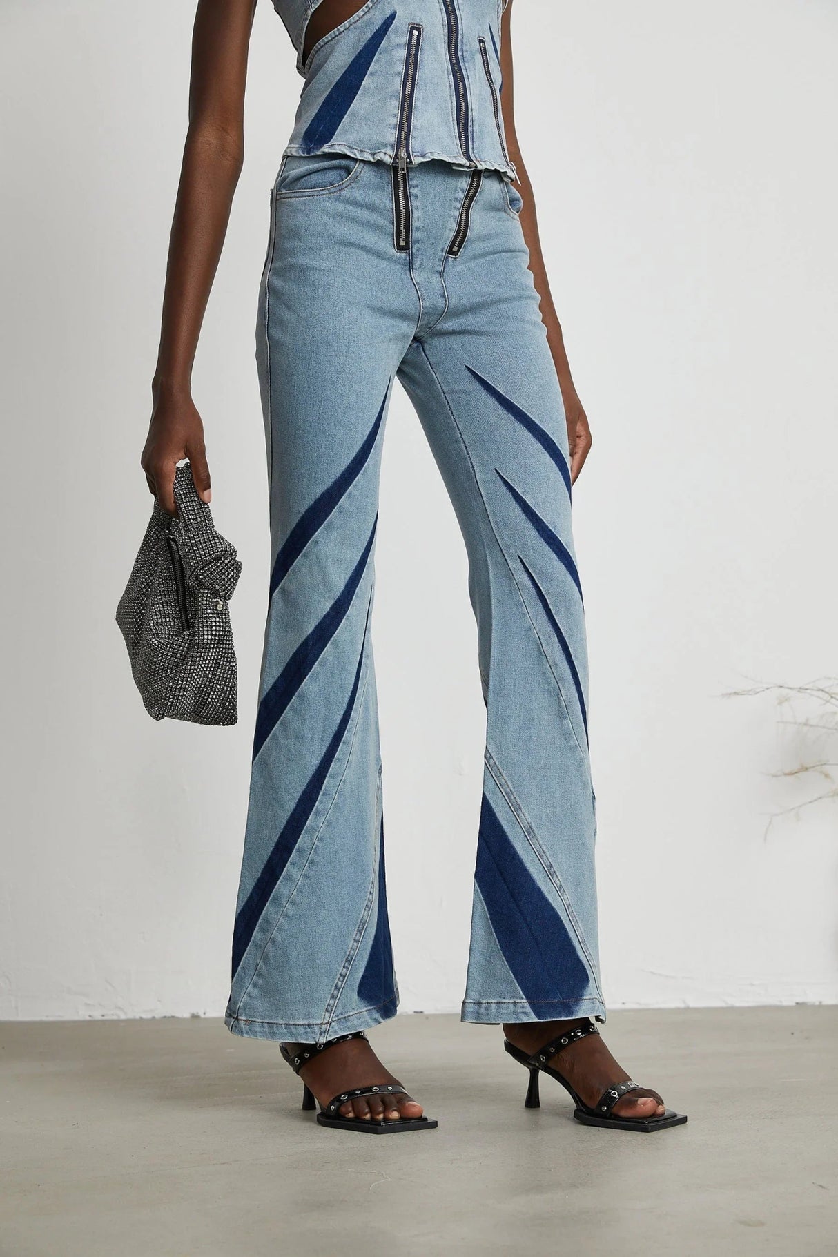 Abigail Denim Top & Jeans Set - Off - the - Shoulder Style - Color - Blocked Design - Cut - Out Detailing - Zips Decoration