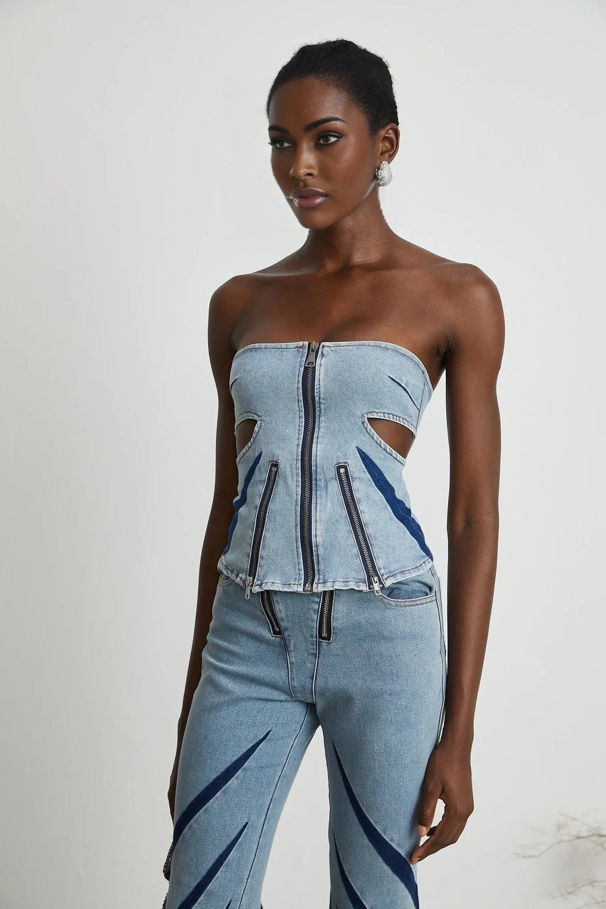 Abigail Denim Top & Jeans Set - Off - the - Shoulder Style - Color - Blocked Design - Cut - Out Detailing - Zips Decoration