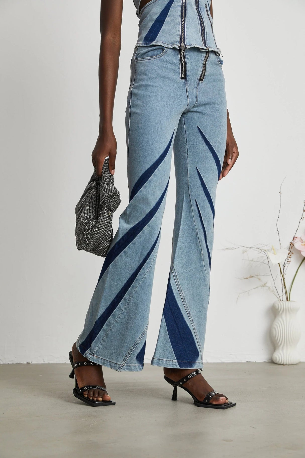 Abigail Denim Top & Jeans Set - Off - the - Shoulder Style - Color - Blocked Design - Cut - Out Detailing - Zips Decoration